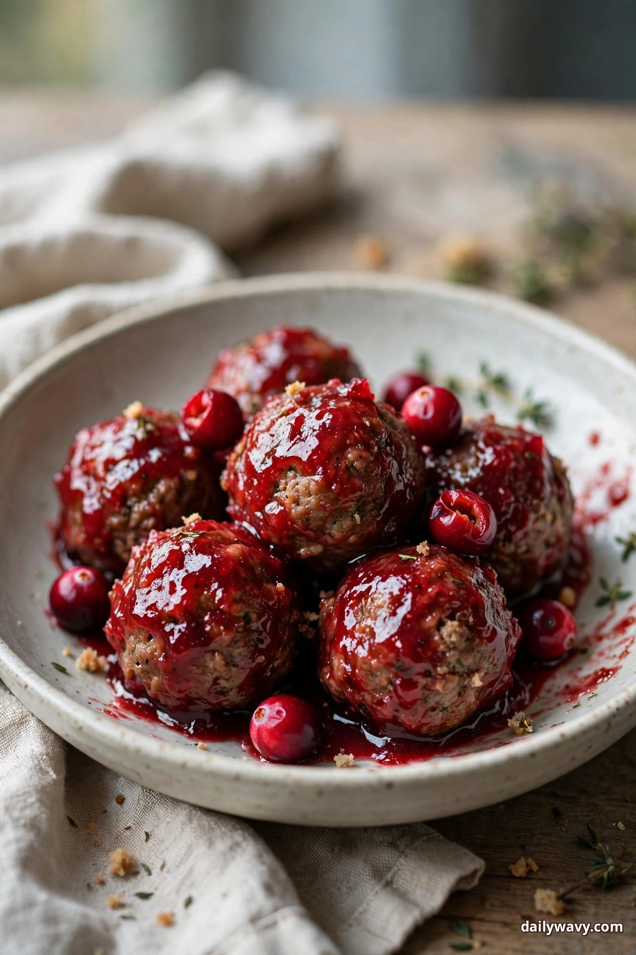Lamb meatballs in a shallow bowl are coated in a glossy deep-red cranberry glaze, with whole cranberries scattered among them.