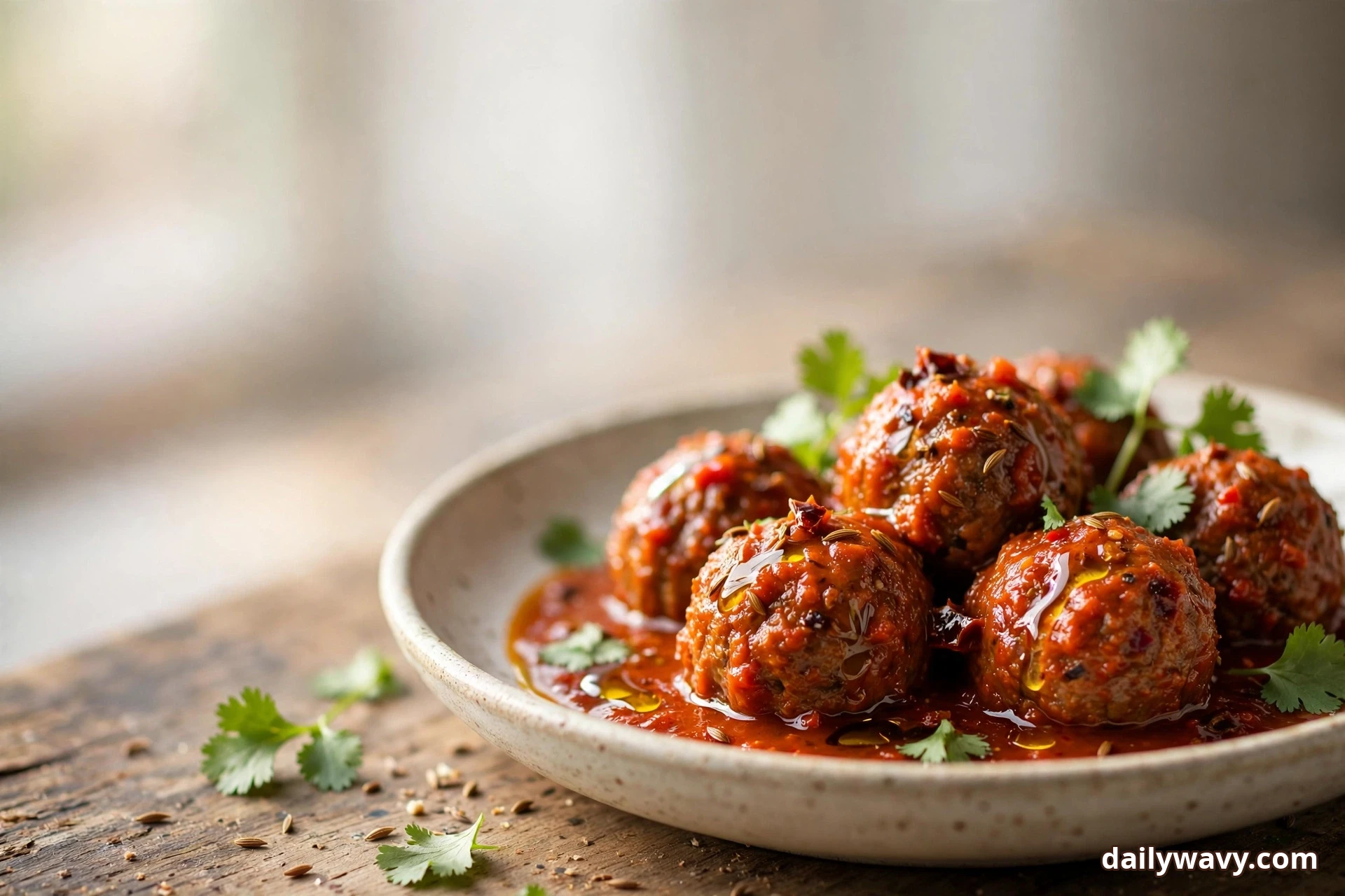 A wide view shows lamb meatballs coated in a chunky red harissa tomato sauce in a shallow speckled bowl, garnished with fresh cilantro leaves on a rustic wooden table.