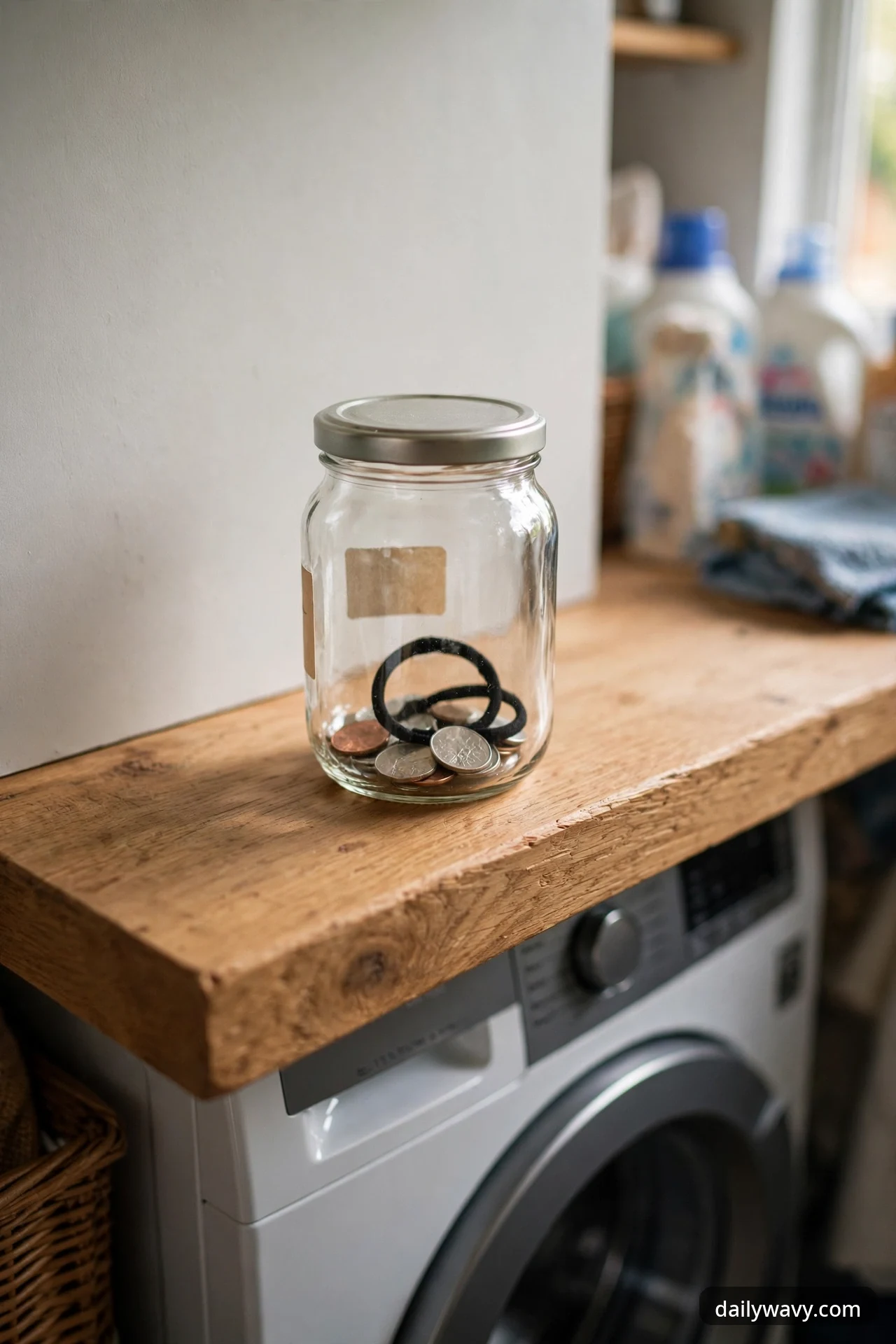A close-up of a glass mason jar with a metal lid and a blank kraft label holds coins and a black hair tie on a thick wood shelf above a washer.
