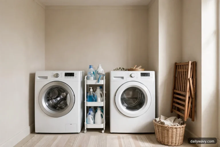 A wide view of an organized laundry space shows two white front-load machines flanking a slim white rolling cart of detergent bottles, with a wicker basket of towels and a folded wooden drying rack leaning against the wall.