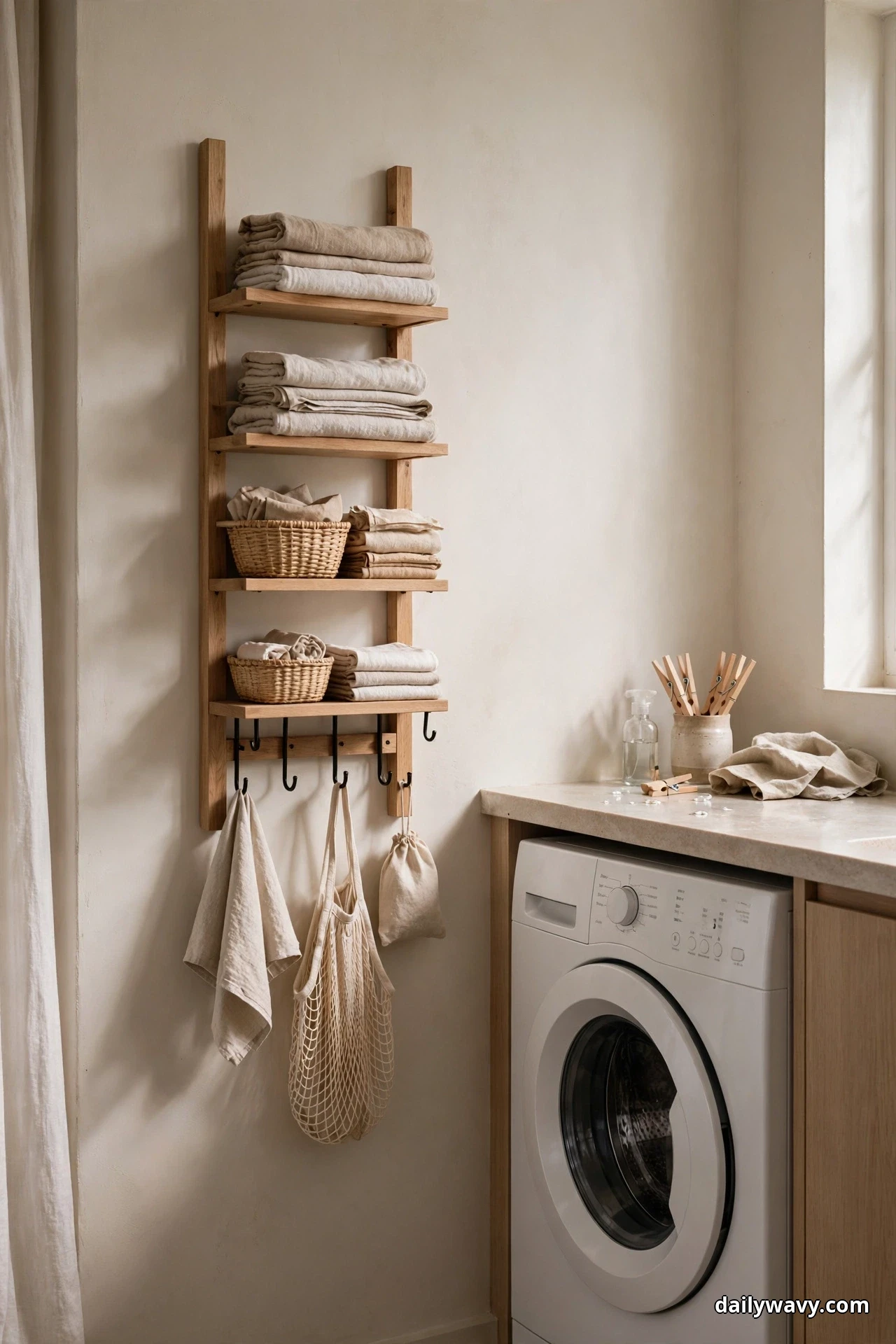 A tall narrow wood wall organizer with four shelves of folded beige linens and woven baskets and a row of hooks holding a towel, a mesh bag and a small pouch hangs on the wall beside a front-load washer under a stone countertop