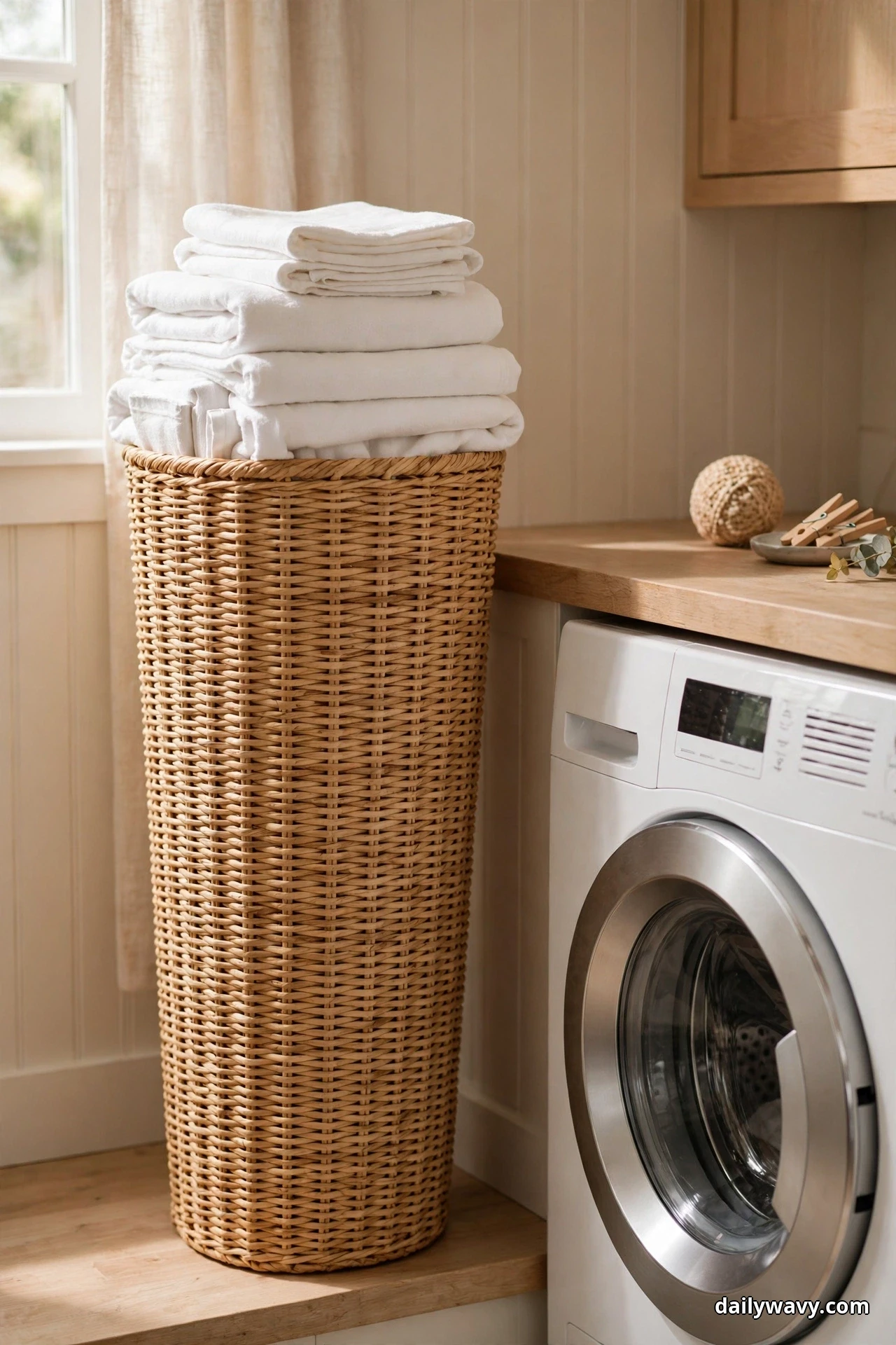 A tall narrow woven basket stacked high with folded white towels and cloths stands on a wood platform beside a front-load washer under a wood countertop, with a curtained window at left
