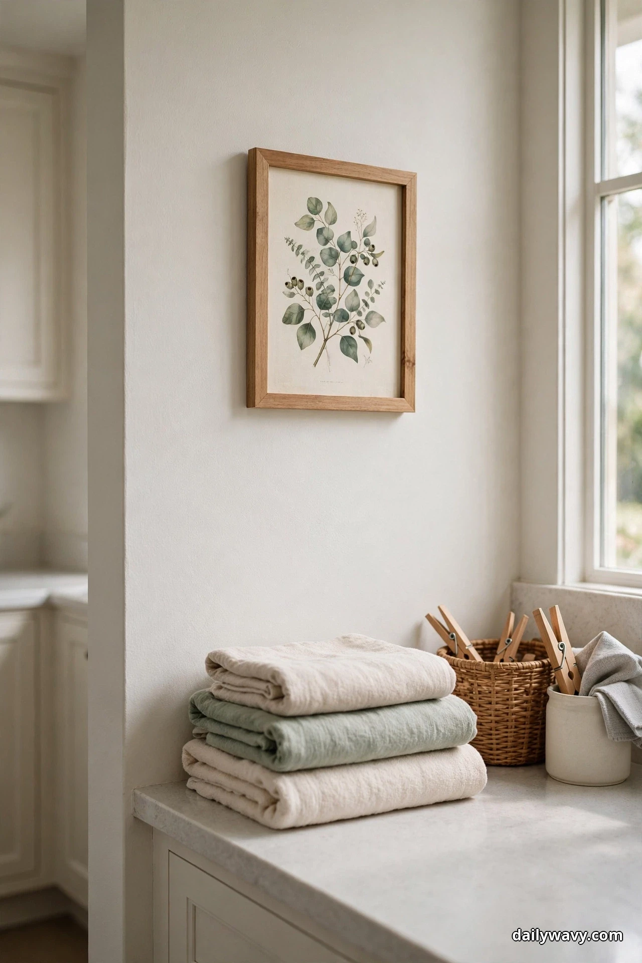 A small wood-framed botanical print of eucalyptus leaves hangs on a laundry room wall above a pale countertop holding folded towels, a woven basket of clothespins and a ceramic crock, beside a window