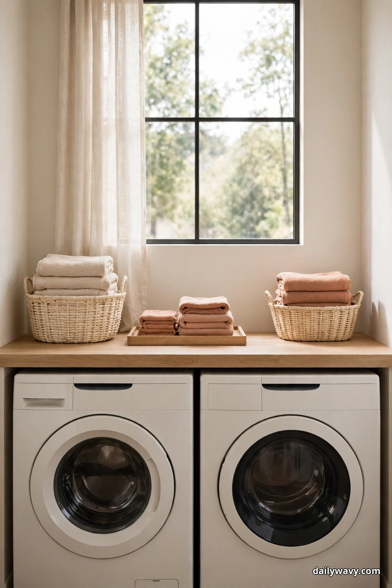 A white front-load washer and dryer pair sits under a wood countertop beneath a tall window, the counter holding woven baskets of cream towels and stacks of folded terracotta towels on a wood tray