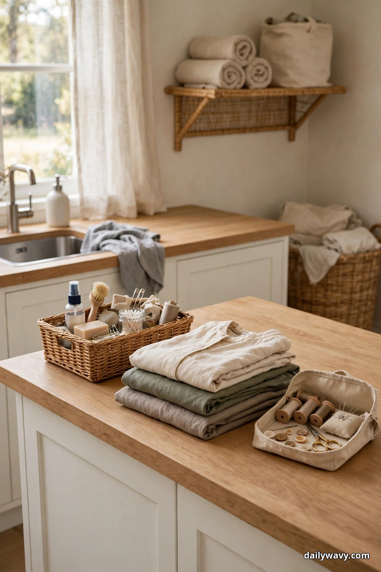 A woven caddy on a wood countertop holds a stain spray bottle, a scrub brush and a bar of soap beside folded shirts and an open fabric sewing kit with thread spools, buttons and scissors, with a utility sink and a wicker wall shelf behind