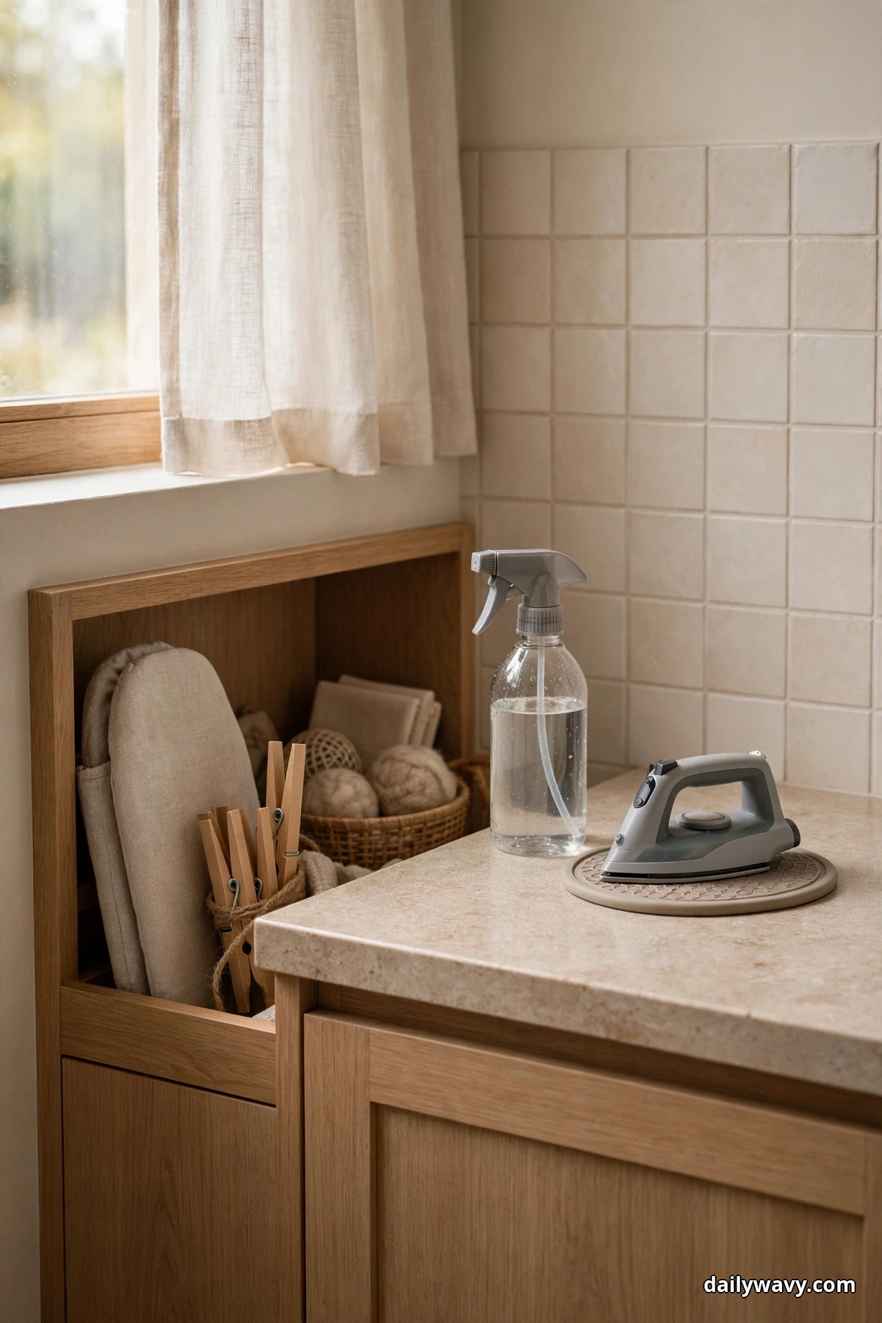 A small gray iron rests on a round silicone mat on a stone countertop beside a clear spray bottle, with an open wood cubby at left holding a sleeve board, clothespins and a basket of wool dryer balls