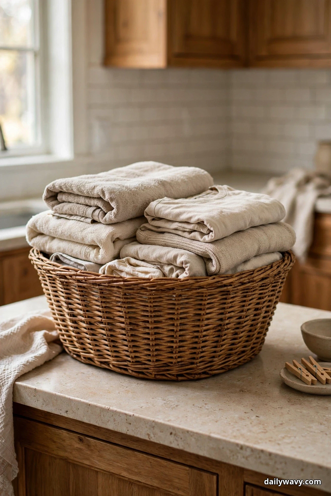 A large oval woven basket heaped with folded beige towels and shirts sits on a stone countertop, with two wood clothespins resting on a small dish at right