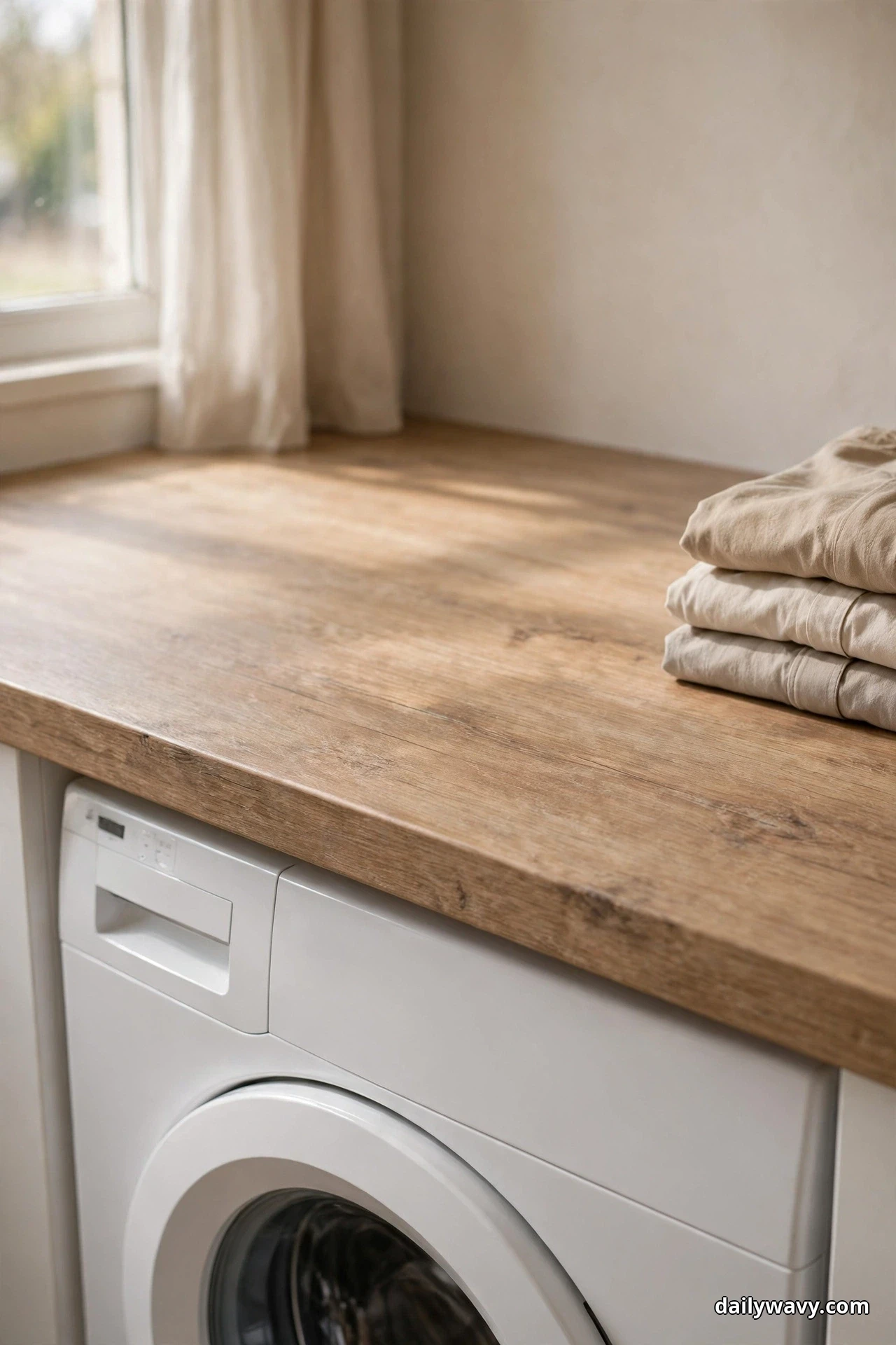 A wide weathered wood countertop over a front-load washer stands almost empty beside a curtained window, with one small stack of folded beige clothes at its far right end