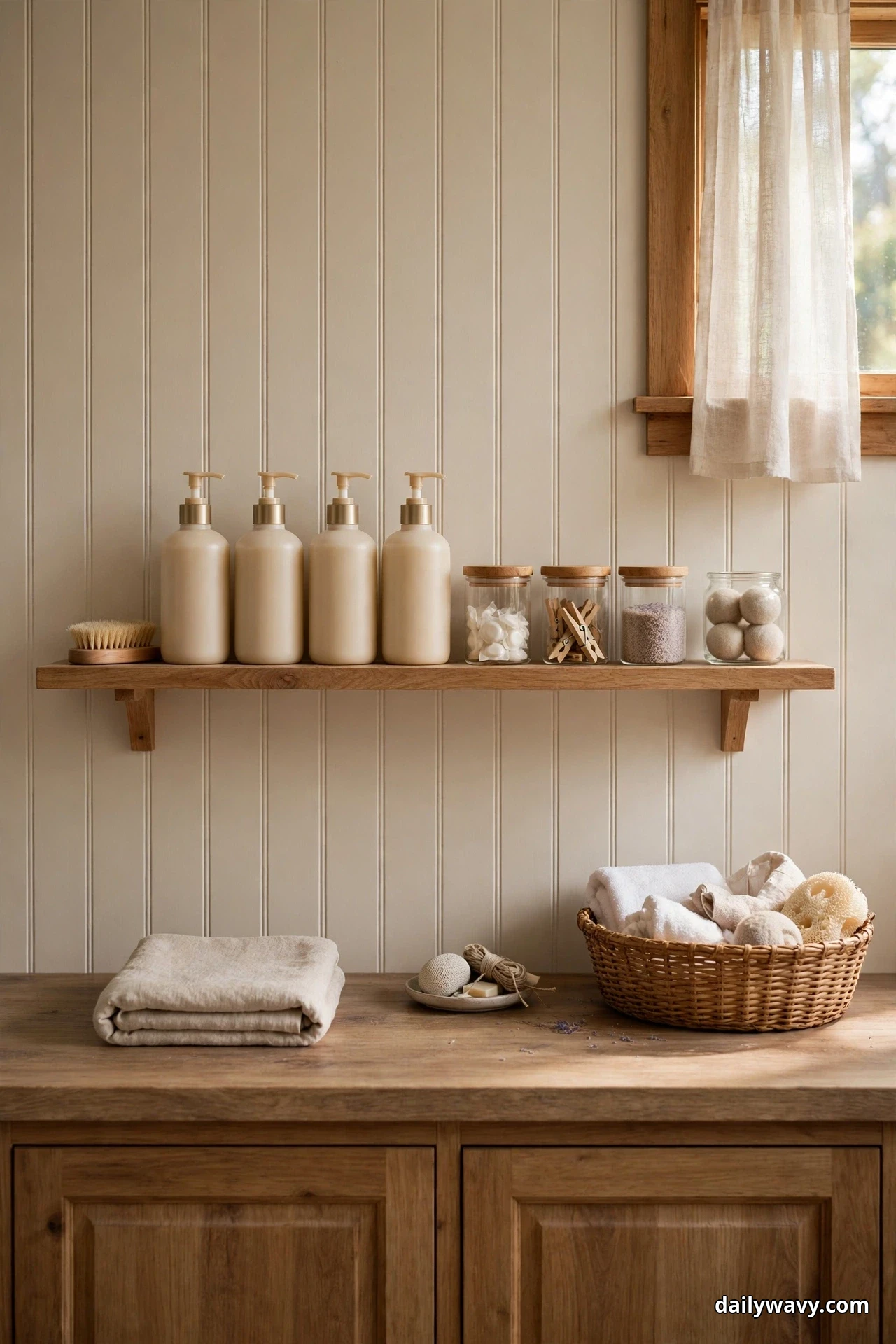 A shallow wood shelf on a beadboard wall holds four matching cream pump bottles, a scrub brush and small glass jars holding laundry pods, clothespins, gray granules and wool dryer balls above a wood countertop with folded towels and a woven basket