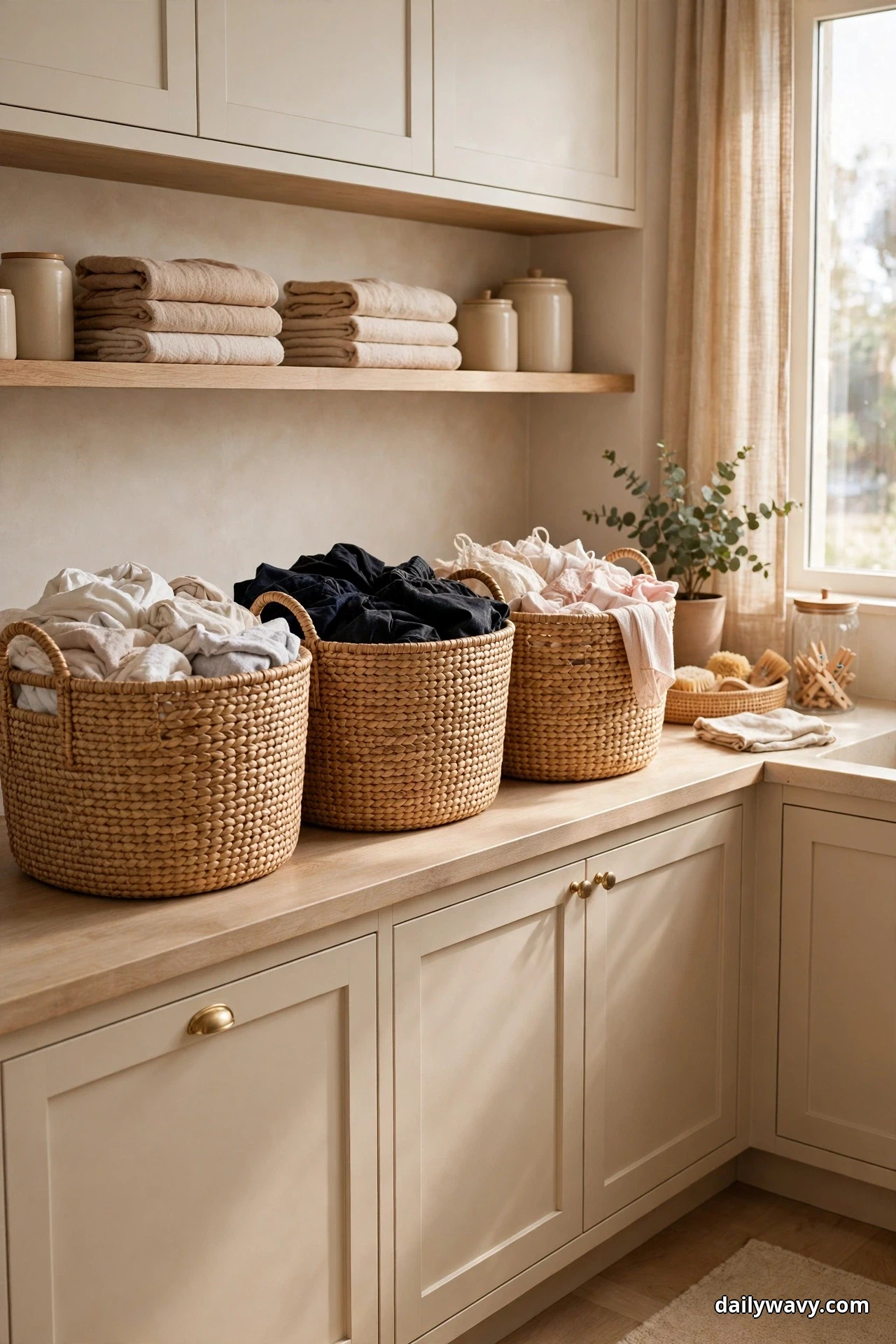 Three large woven sorting baskets filled with light, dark and pink laundry stand in a row on a wood countertop beneath upper cabinets, with folded towels on the open shelf above