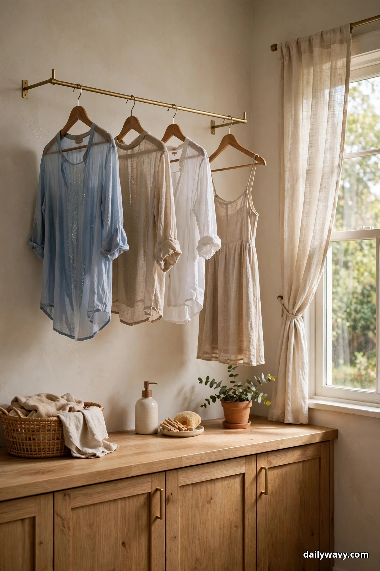 A brass wall-mounted hanging rail above a wood countertop holds four garments on wood hangers, a blue shirt, two neutral shirts and a beige dress, air-drying beside a curtained window