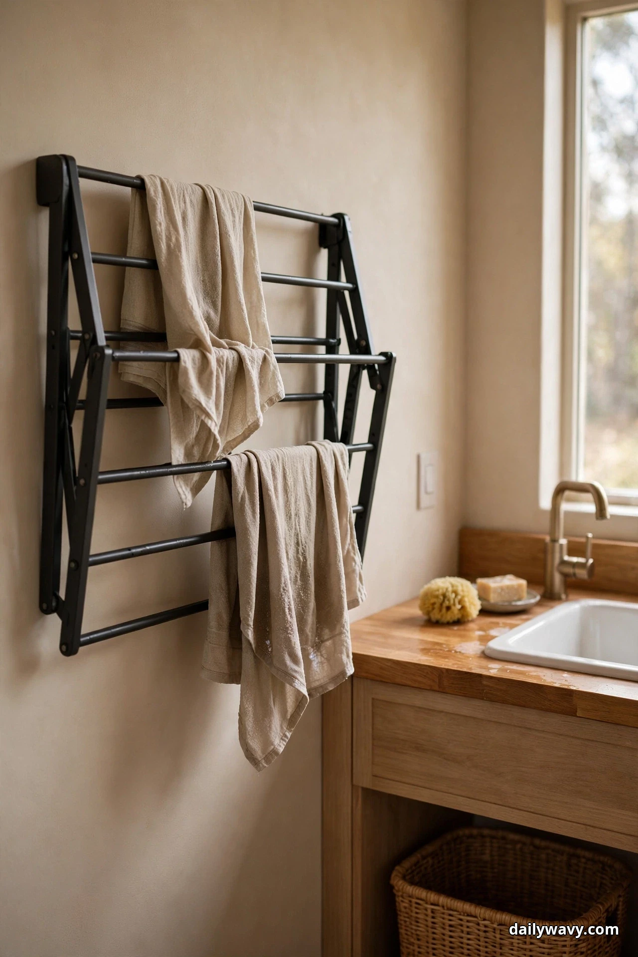 A black metal wall-mounted accordion drying rack pulled open beside a utility sink holds two beige garments draped over its bars, with a woven basket stored under the wood counter