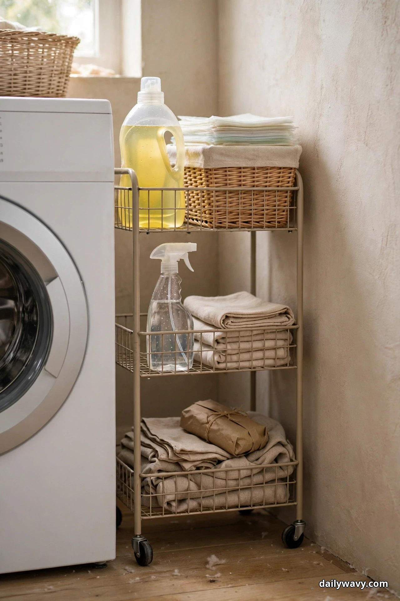 A narrow three-tier beige metal rolling caddy on caster wheels stands in the gap between a front-load washer and the wall, holding a large detergent bottle and a fabric-lined basket on top, a spray bottle and folded towels in the middle and folded linens at the bottom