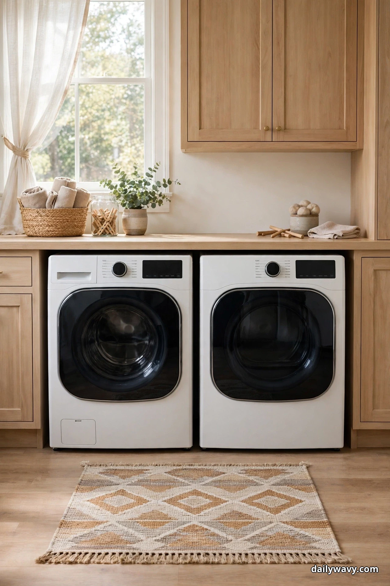 A white front-load washer and dryer pair sits under a wood countertop and light wood upper cabinets, with a flat-weave diamond-pattern runner with fringed ends laid on the wood floor in front of the machines, clear of their doors