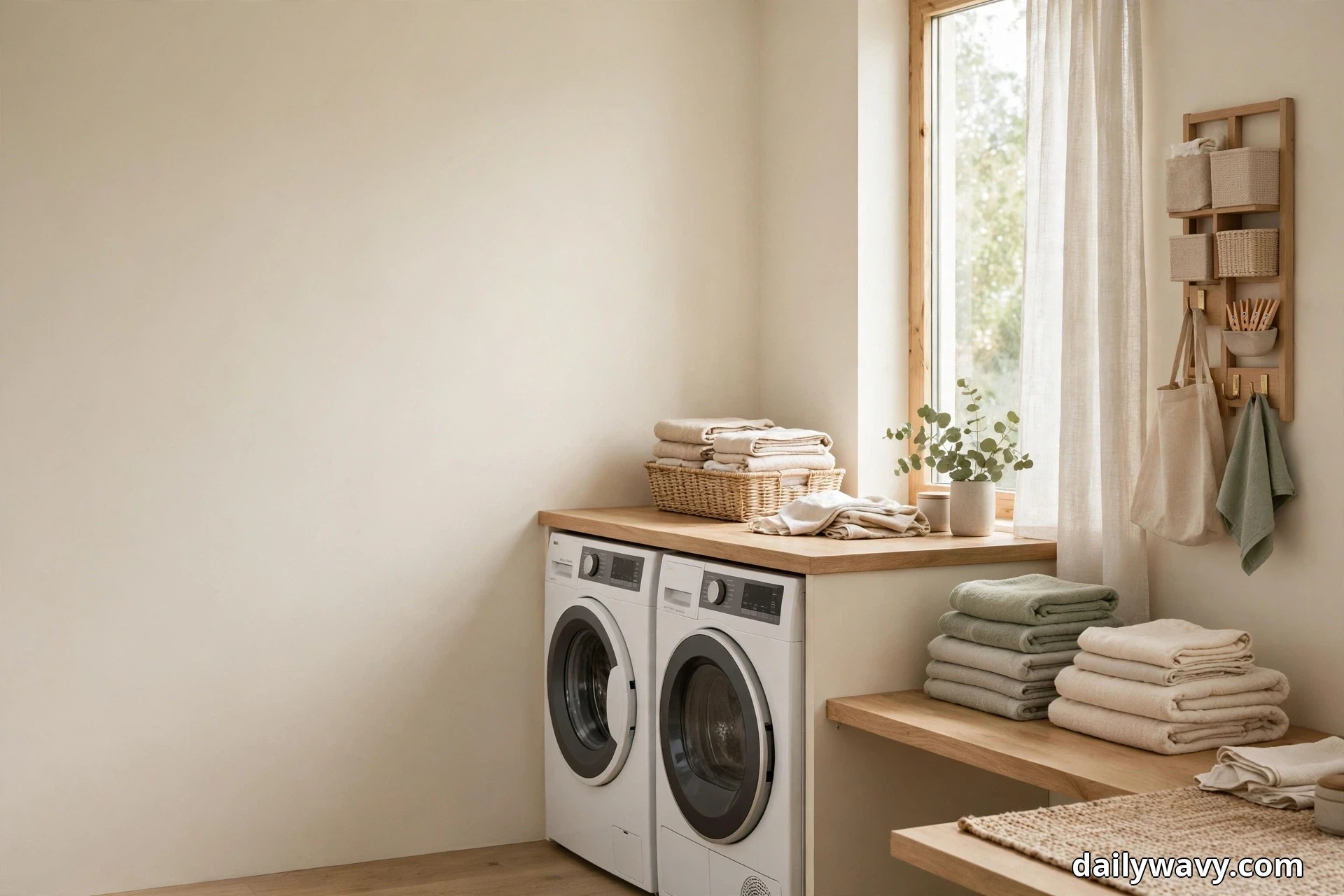 A wood countertop over a white front-load washer and dryer pair holds a woven basket of folded beige towels beside a curtained window, with a wall organizer of small baskets and hooks at right and open wood shelves stacked with folded towels below the counter at right