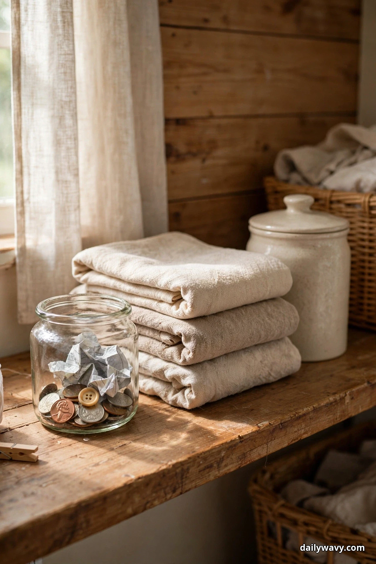 A small glass jar holding coins, crumpled receipts and a button stands on a rustic wood laundry shelf beside a stack of folded beige linens and a lidded ceramic canister