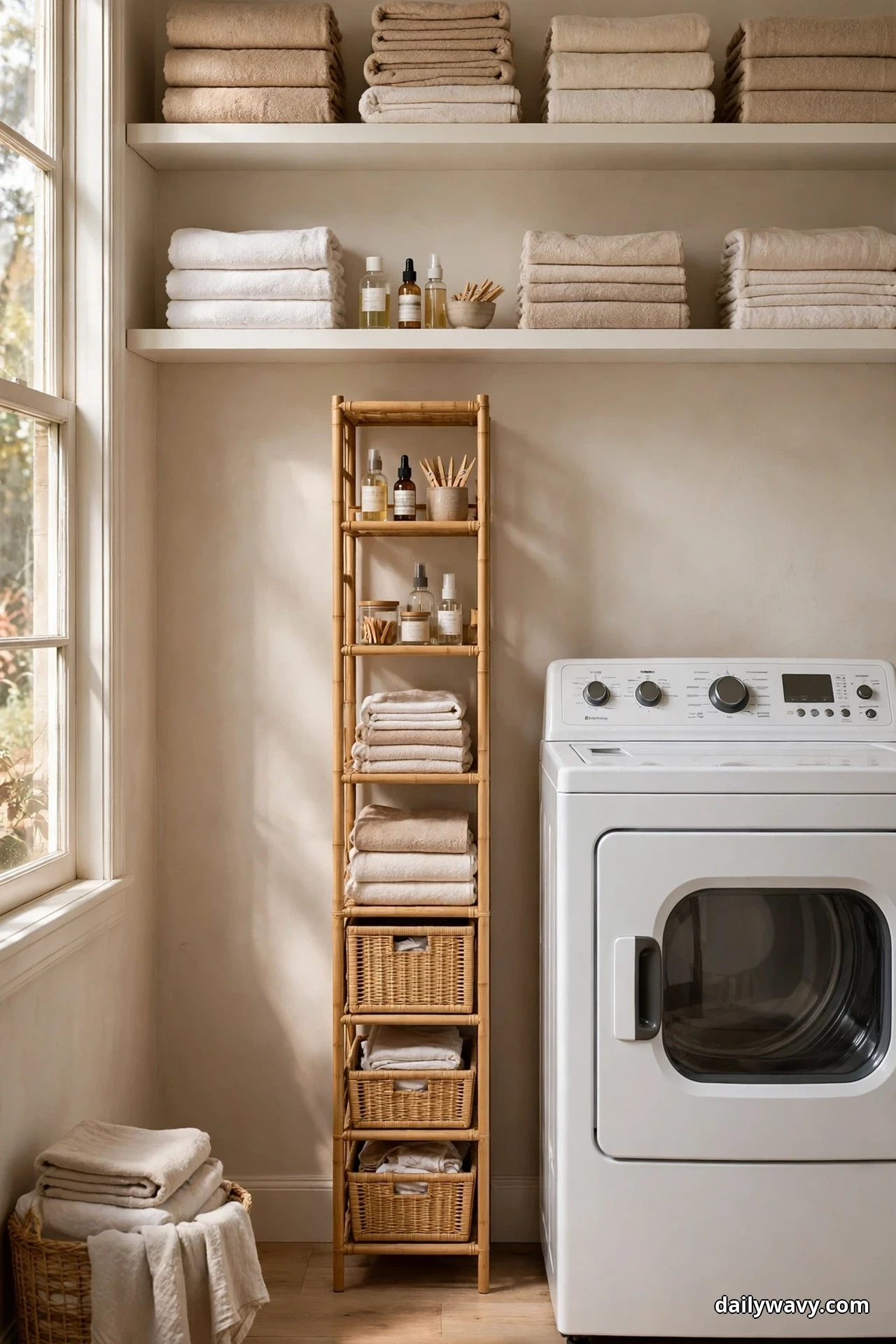 A tall narrow bamboo tower shelf stands in the gap beside a white front-load dryer, holding small bottles, folded towels and woven baskets beneath two wall shelves stacked with folded beige towels