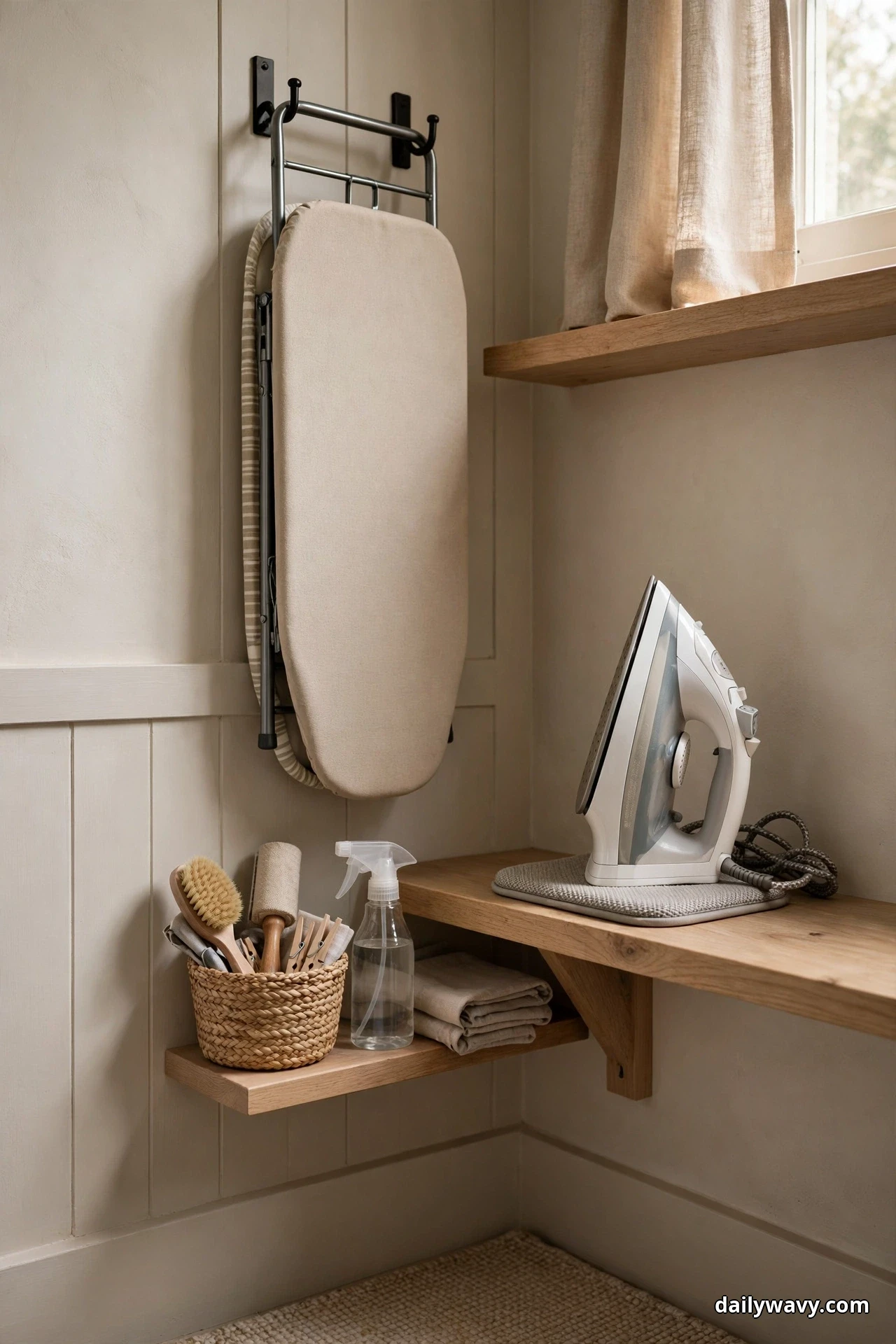 A white iron stands upright on its heel on a gray pad on a wood laundry shelf, with a folded ironing board hanging on a wall holder beside it and a spray bottle and a basket of brushes on a lower shelf