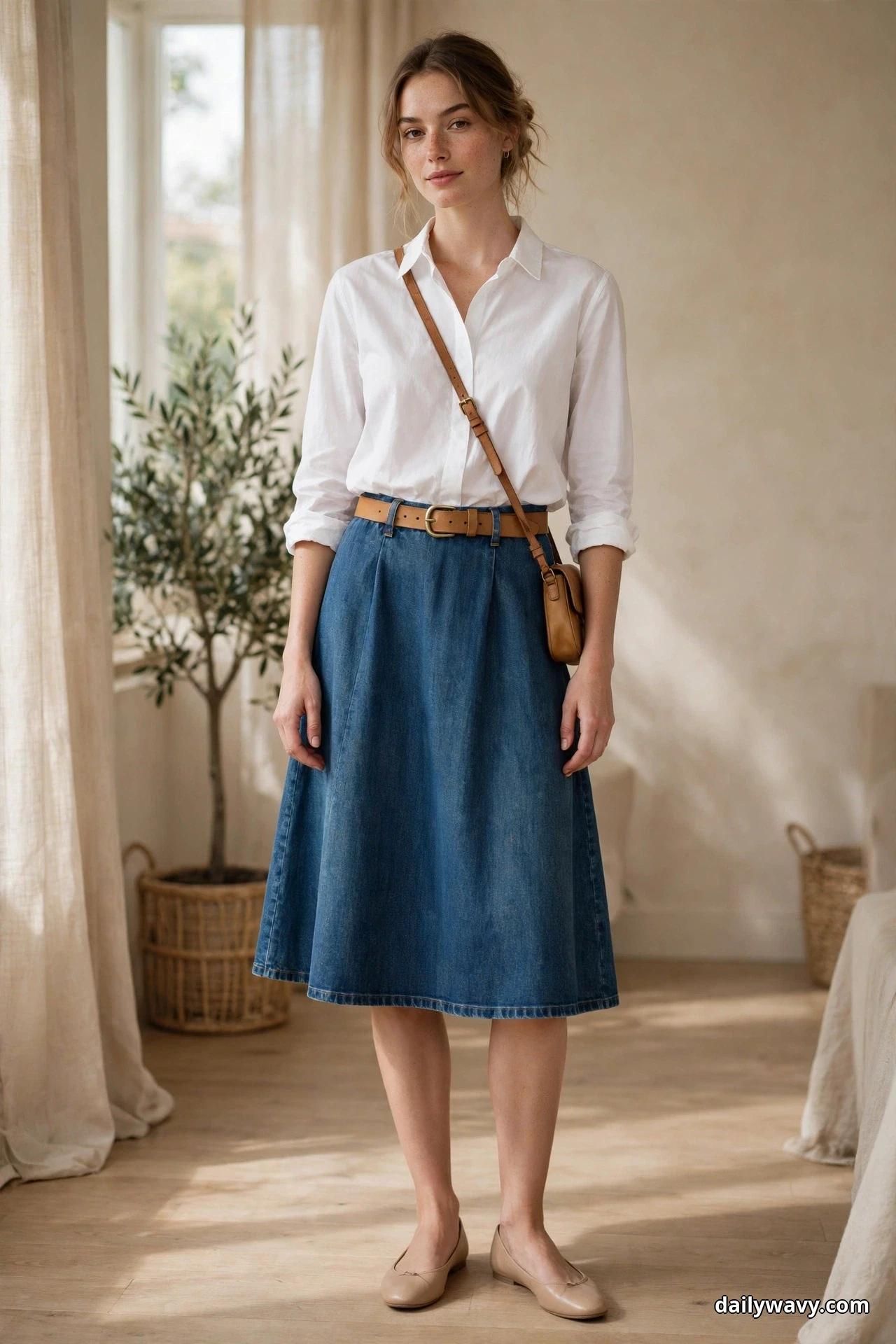 A woman wearing a white long-sleeve blouse tucked into a below-knee A-line denim skirt and beige ballet flats stands full length in a bright room with a tan leather belt with a brass buckle at her waist and a small tan crossbody bag at her hip
