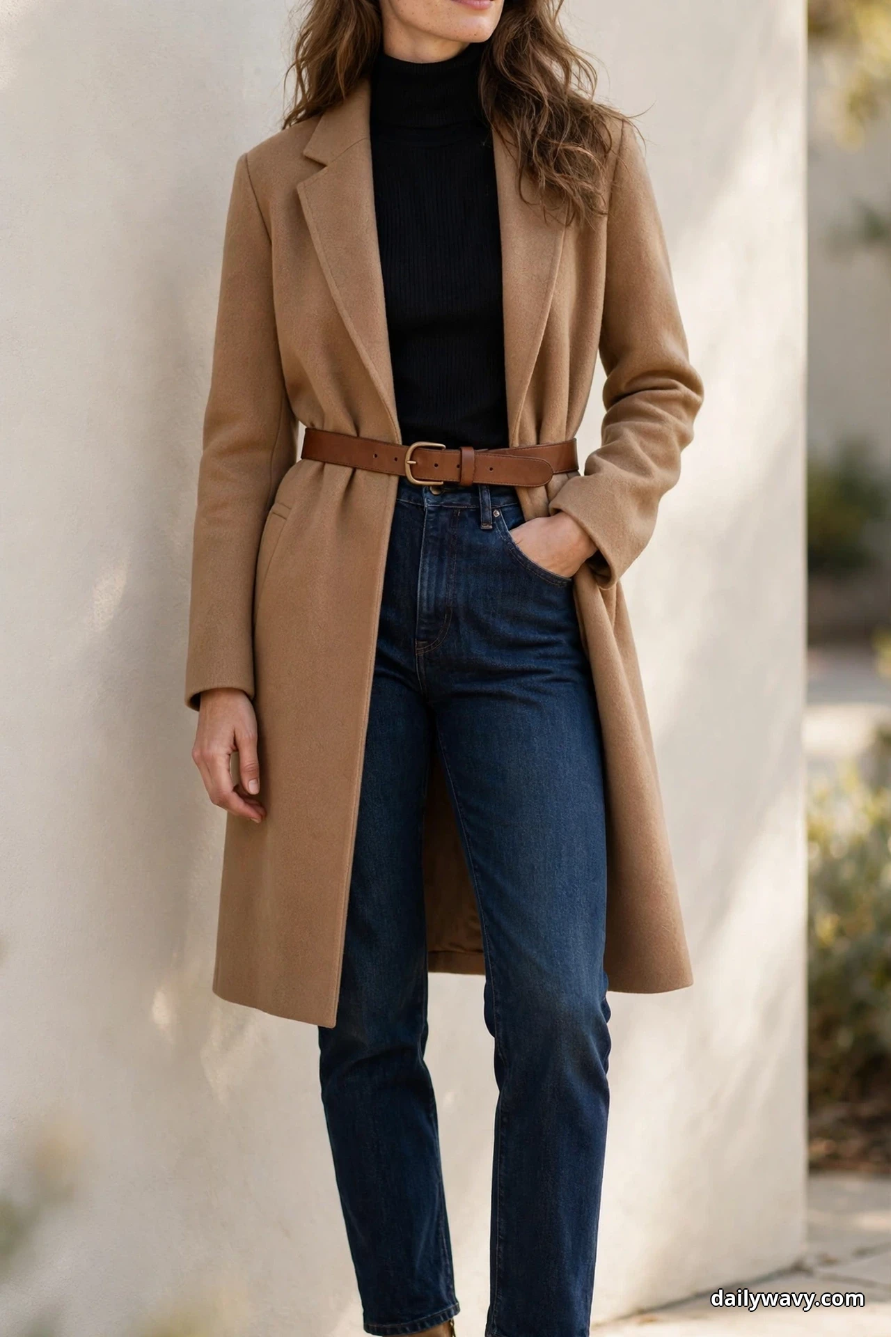A woman wearing a black turtleneck and dark straight jeans under an open camel wool coat stands against a pale wall framed from the chin to the ankles with a medium-brown leather belt cinched over the coat at her waist