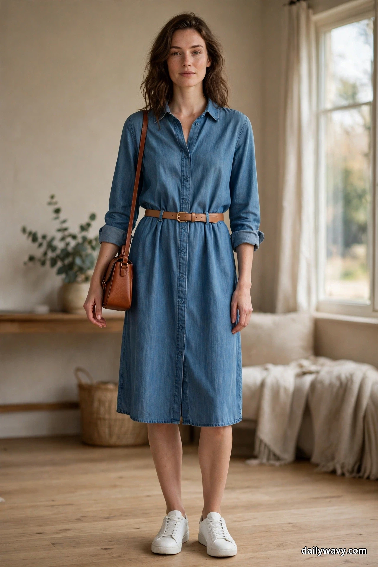 A woman wearing a chambray shirt dress and white sneakers stands full length in a bright room with a slim tan leather belt at her waist and a compact tan bag on her shoulder