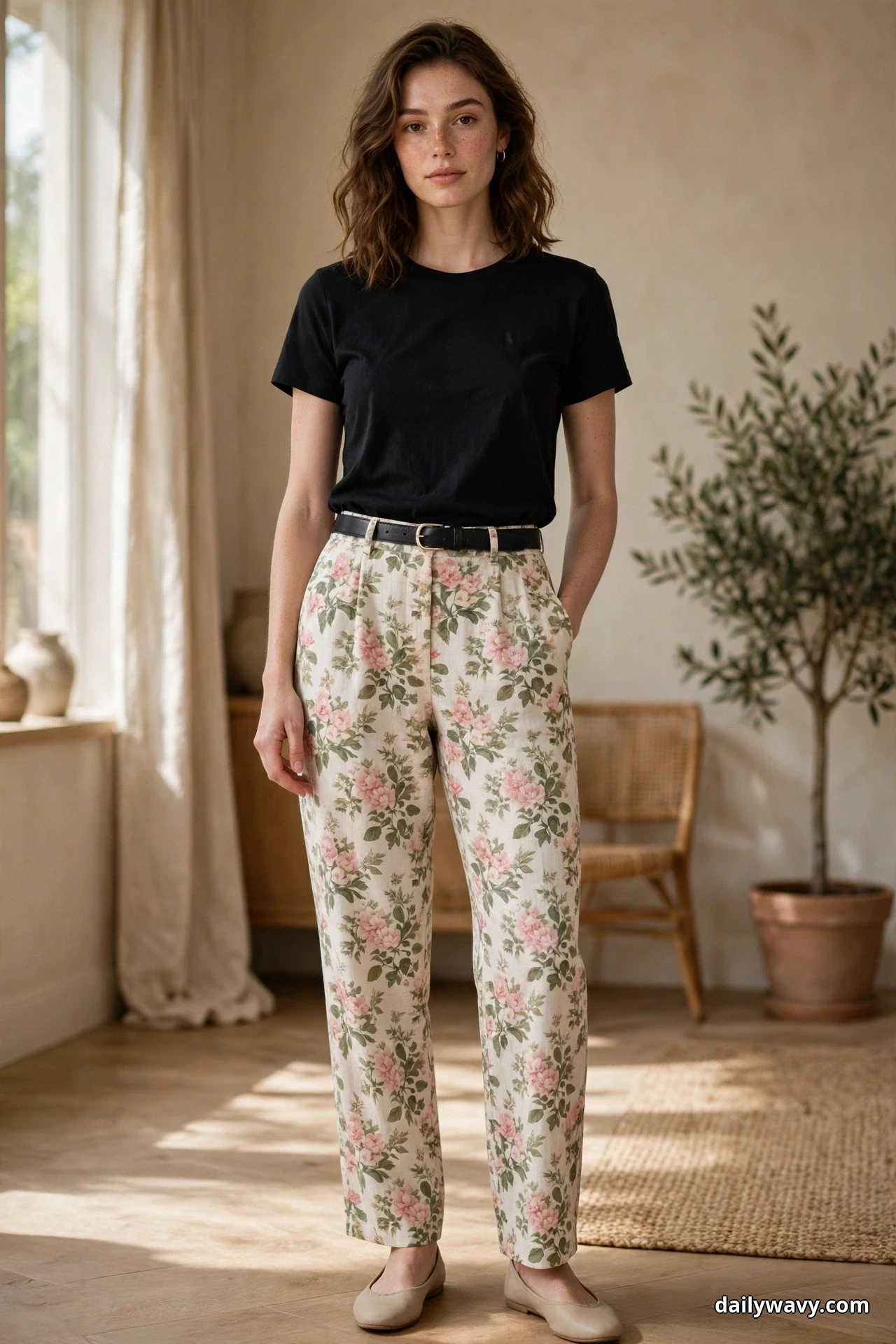 A woman wearing a black short-sleeve tee tucked into high-waisted cream floral print trousers and beige flats stands full length in a sunlit room with a slim black leather belt at her waist