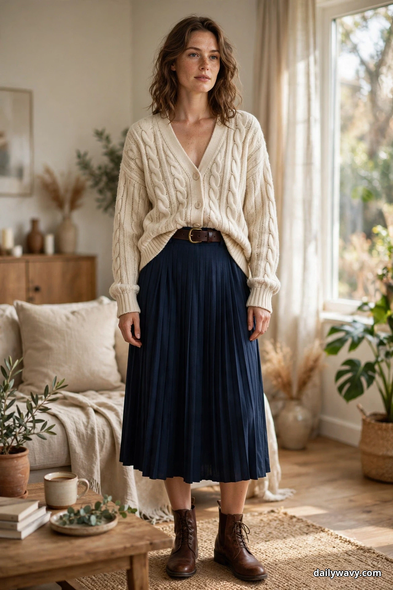 A woman wearing a cream cable-knit cardigan tucked into a navy pleated midi skirt and brown lace-up ankle boots stands full length in a living room with a dark brown leather belt showing at her waist