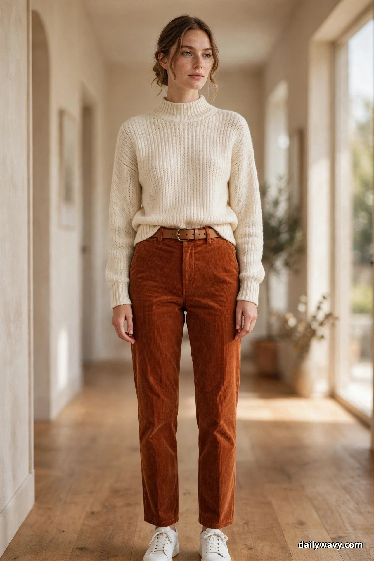 A woman wearing a cream mock-neck knit tucked into rust corduroy trousers and white sneakers stands full length in a hallway with a tan leather belt through the trouser loops at her waist