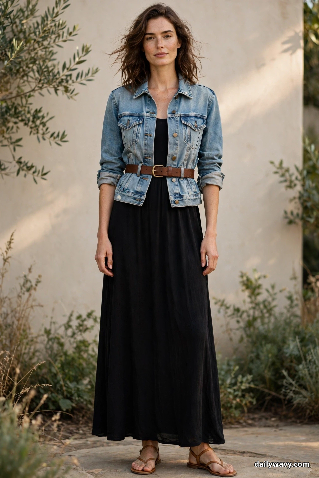 A woman wearing a black maxi dress under a cropped light-wash denim jacket and tan flat sandals stands full length outdoors against a pale wall with a wide brown leather belt fastened over the jacket at her waist