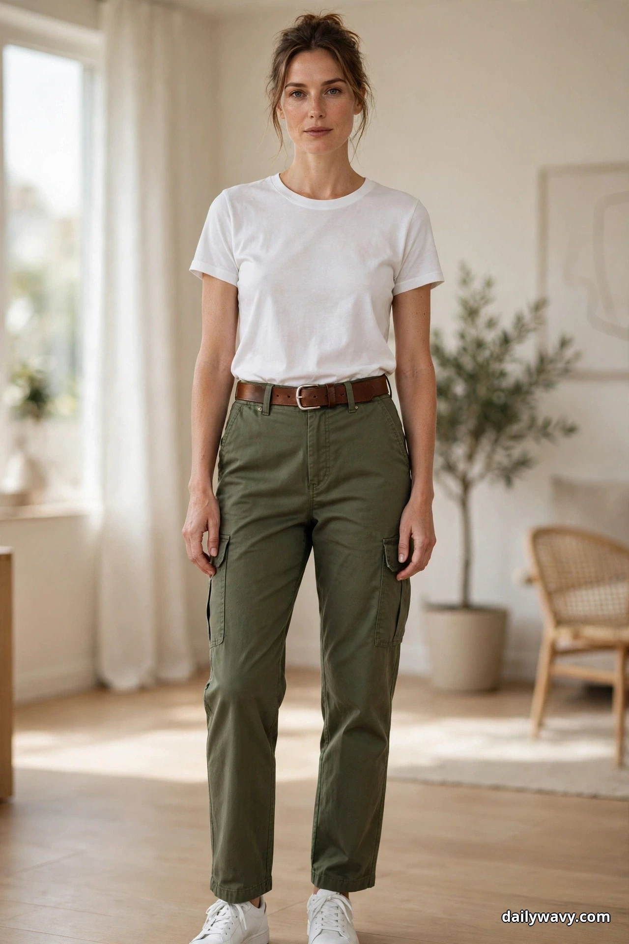 A woman wearing a white crew-neck tee tucked into olive cargo trousers and white sneakers stands full length in a bright room with a medium-brown leather belt at her waist