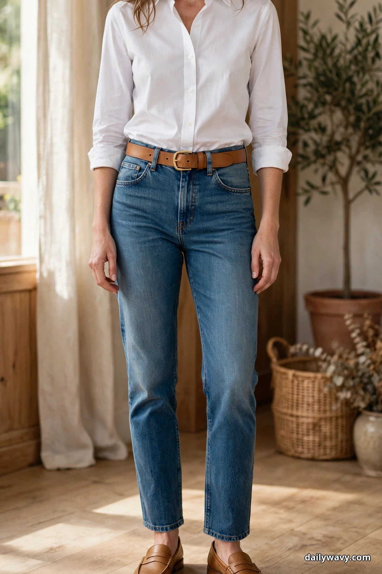A woman wearing a white button-down shirt tucked into medium-wash straight-leg jeans and tan loafers stands framed from the neck down in a bright room with a tan leather belt at the jeans waistband