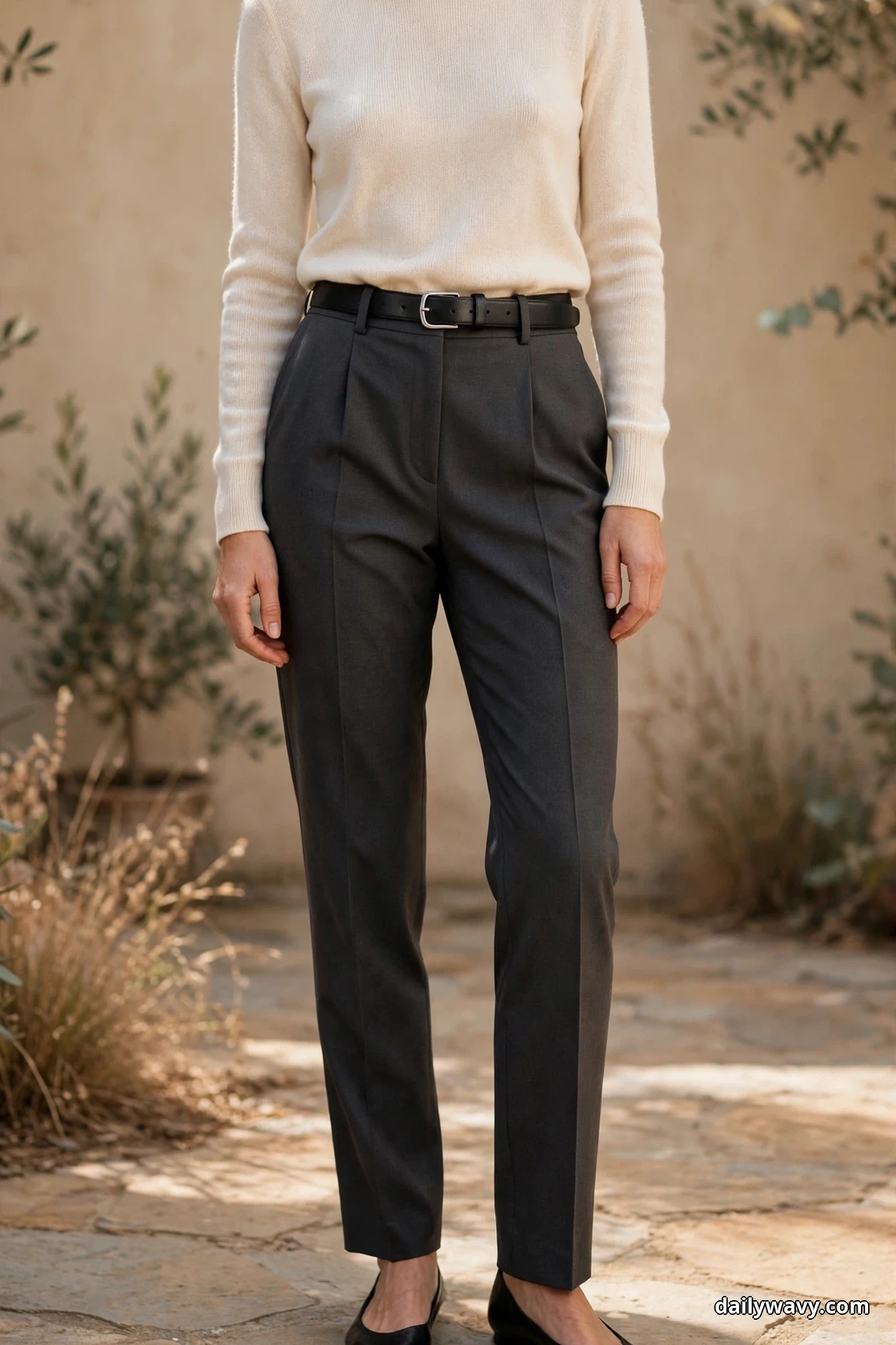 A woman wearing a cream fine knit tucked into charcoal tailored trousers and black flats stands framed from the shoulders down outdoors with a slim black leather belt at her waist