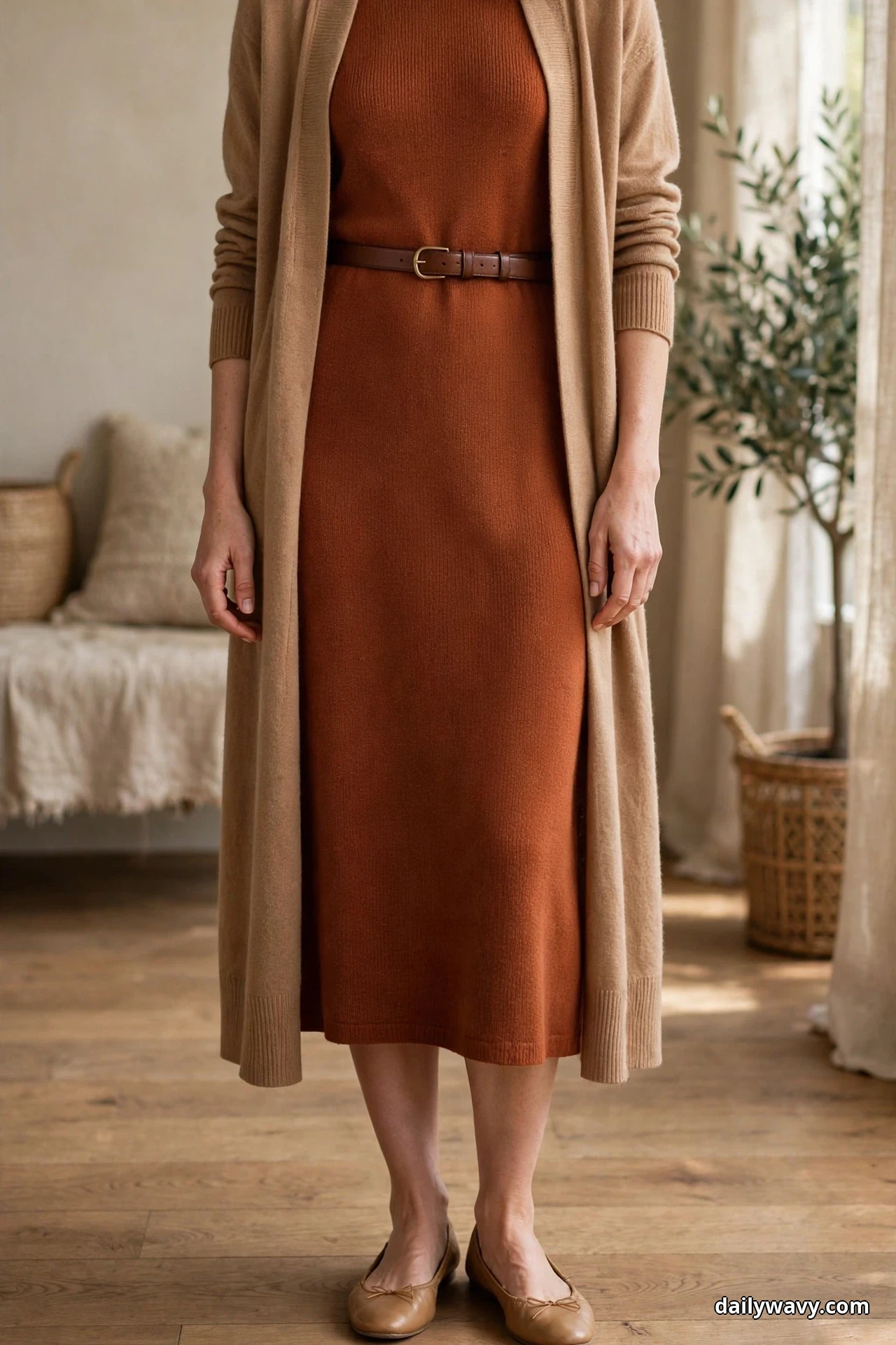 A woman wearing a rust ribbed knit midi dress under a long open camel cardigan and tan ballet flats stands framed from the chest down in a bright room with a slim brown leather belt over the dress at her waist