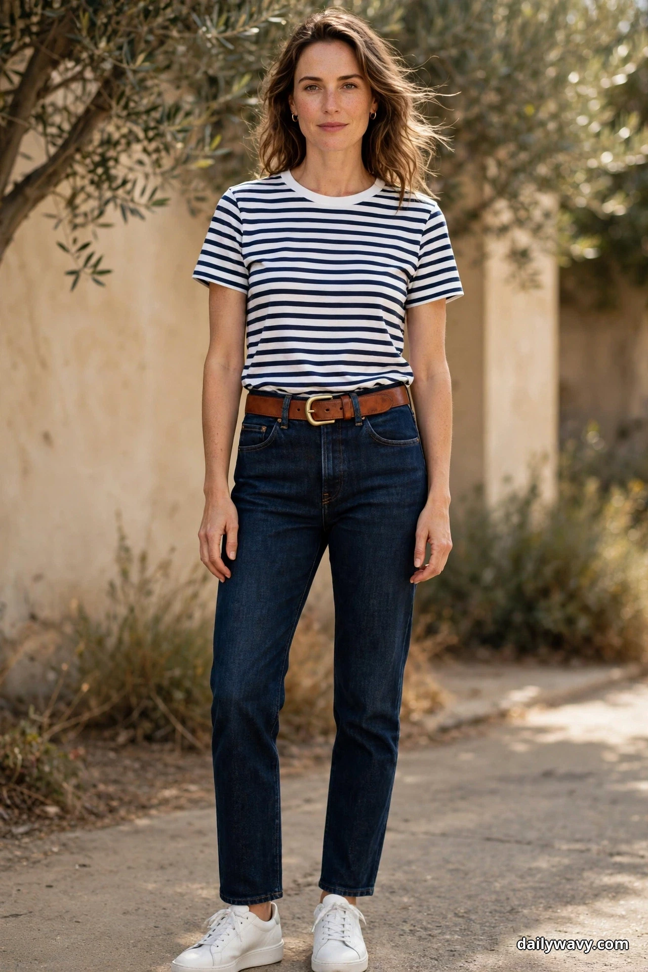 A woman wearing a navy and white striped tee tucked into dark indigo jeans and white sneakers stands full length outdoors with a cognac leather belt at the jeans waistband