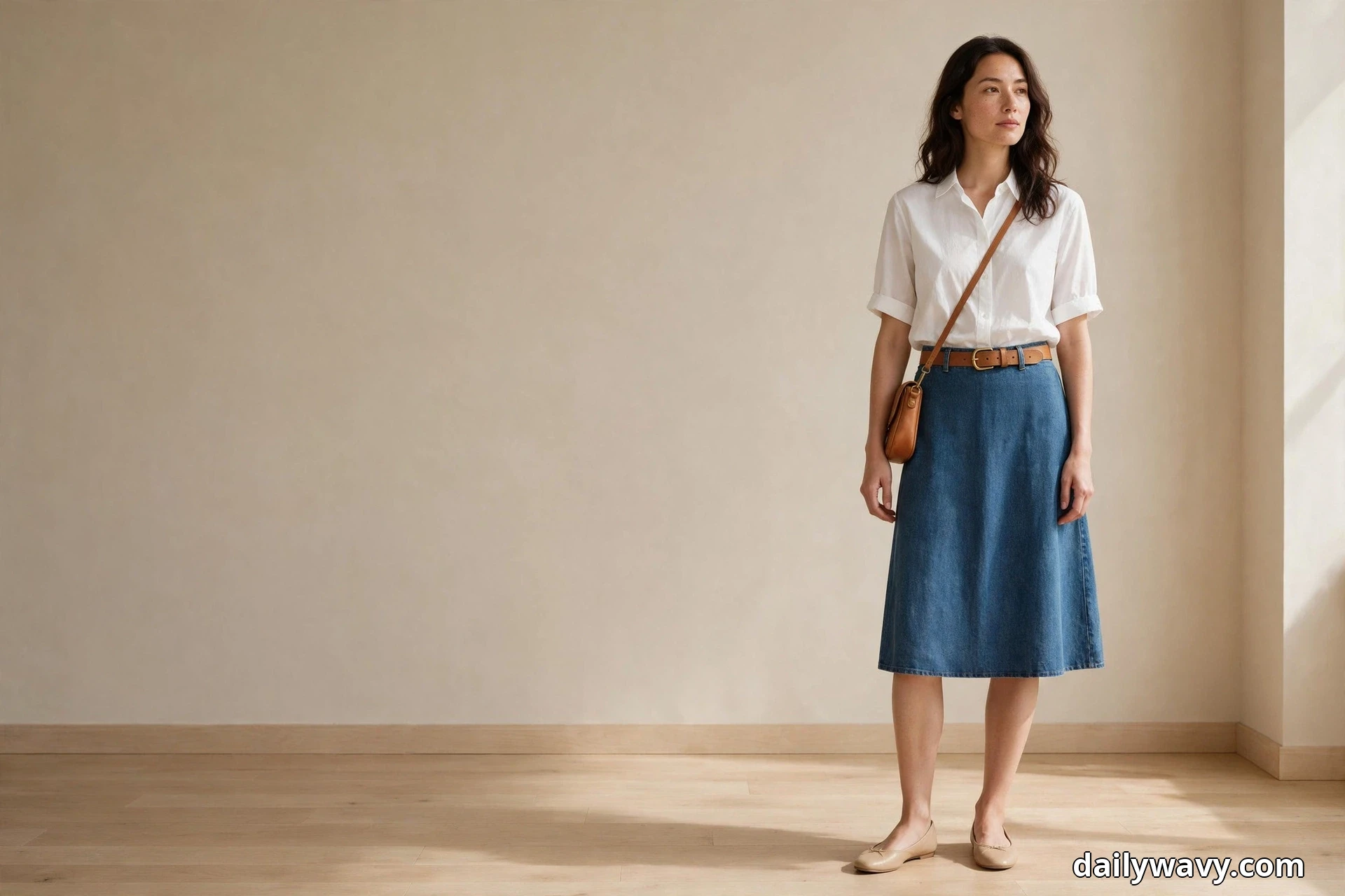 A woman wearing a white short-sleeve shirt tucked into a below-knee A-line denim skirt and beige ballet flats stands full length against a plain wall in window light with a tan leather belt at her waist and a small tan crossbody bag at her hip