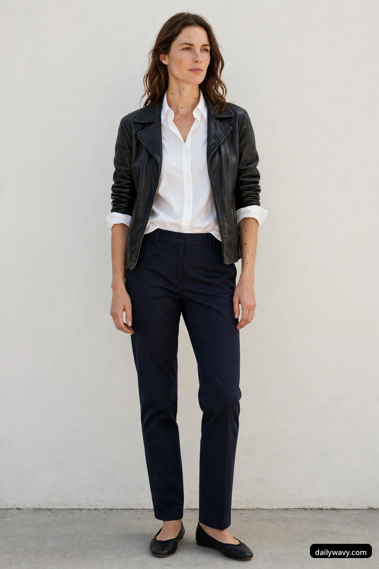 A woman in a black moto leather jacket with a white cotton shirt, dark trousers and black flats, standing front-facing against a beige wall.