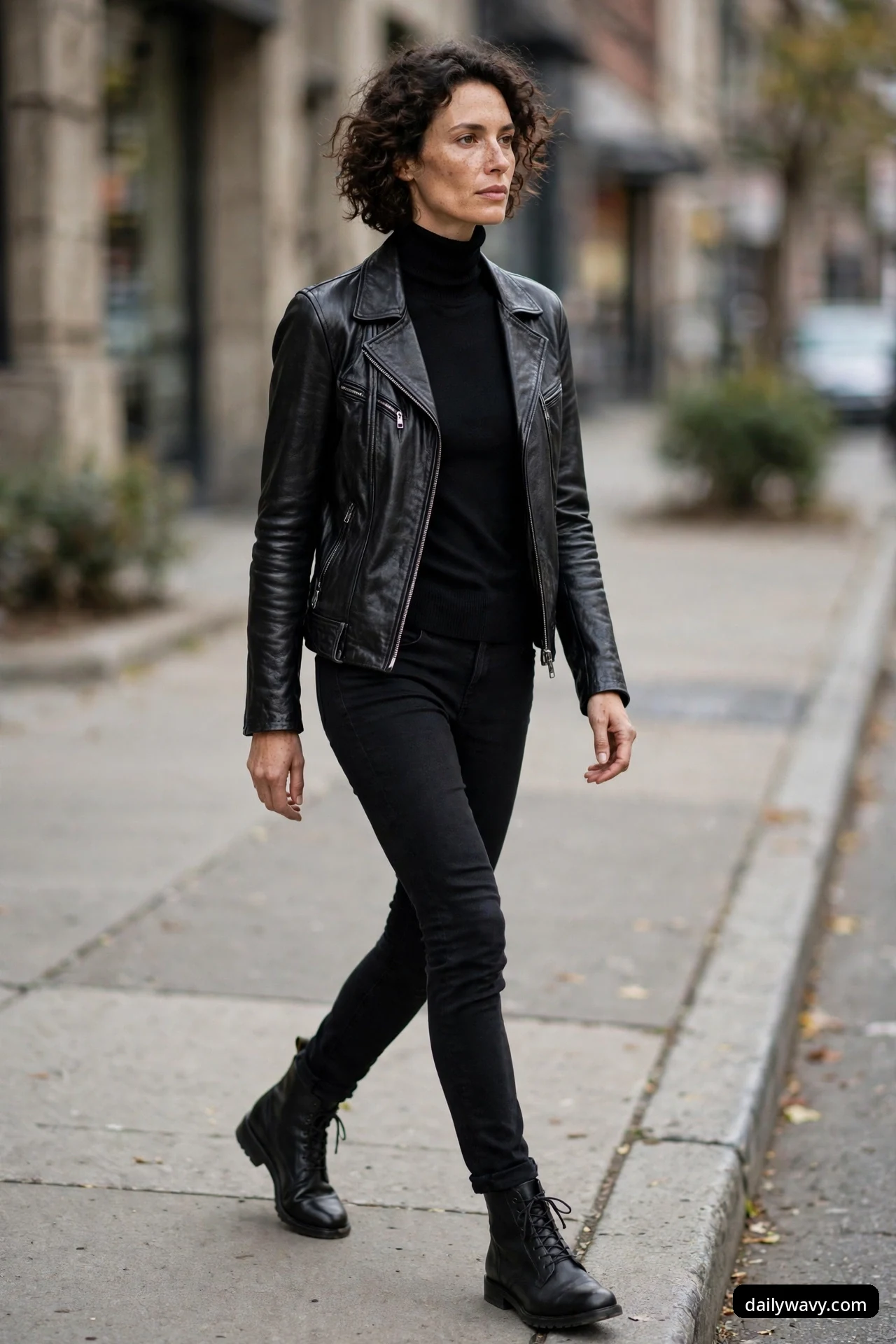 A woman with curly dark hair in a black moto leather jacket with a black turtleneck, black skinny jeans and black lace-up ankle boots, walking on a sidewalk.