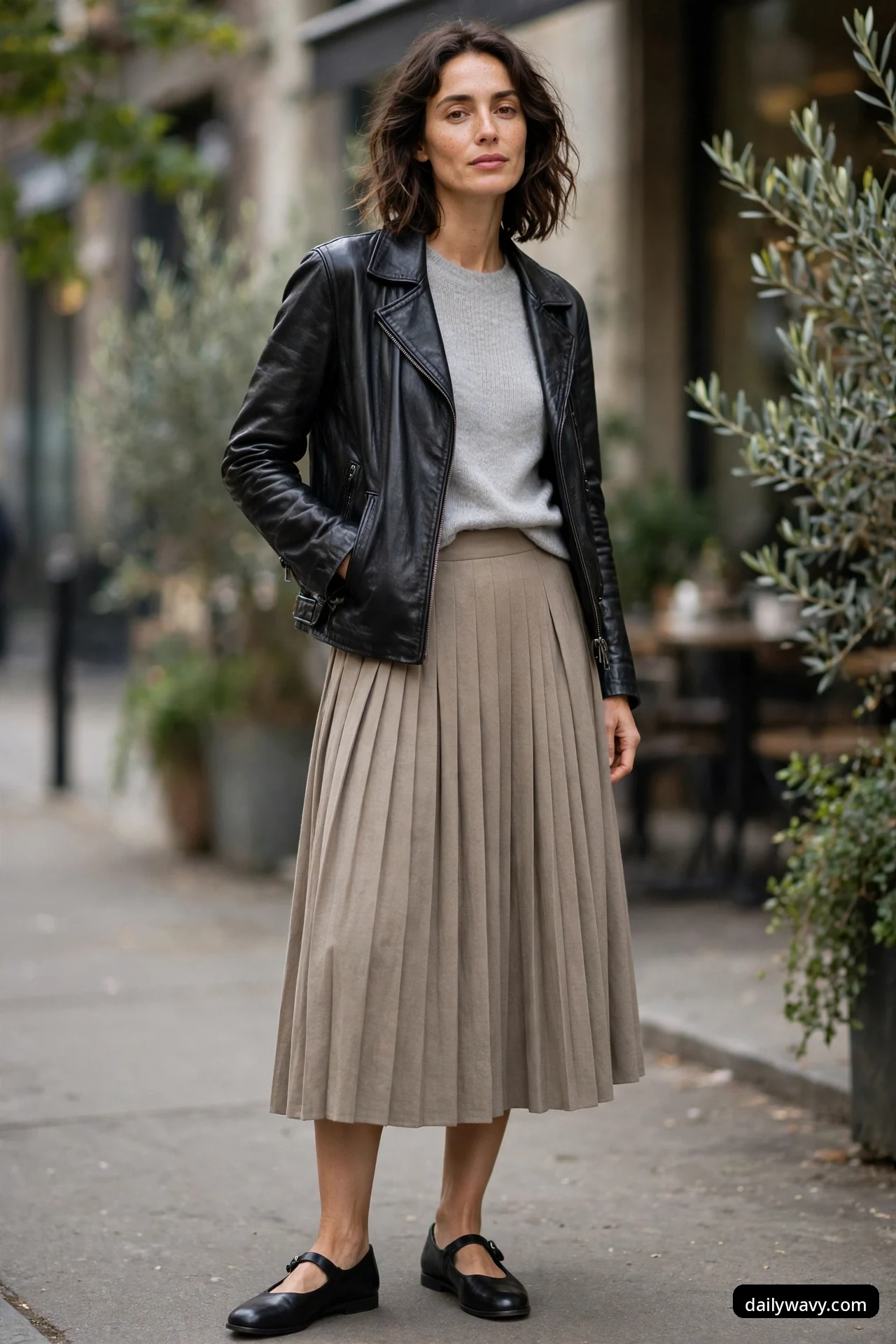 A woman in a black moto leather jacket with a light gray sweater, a taupe pleated midi skirt and black Mary Jane flats, standing on a sidewalk.