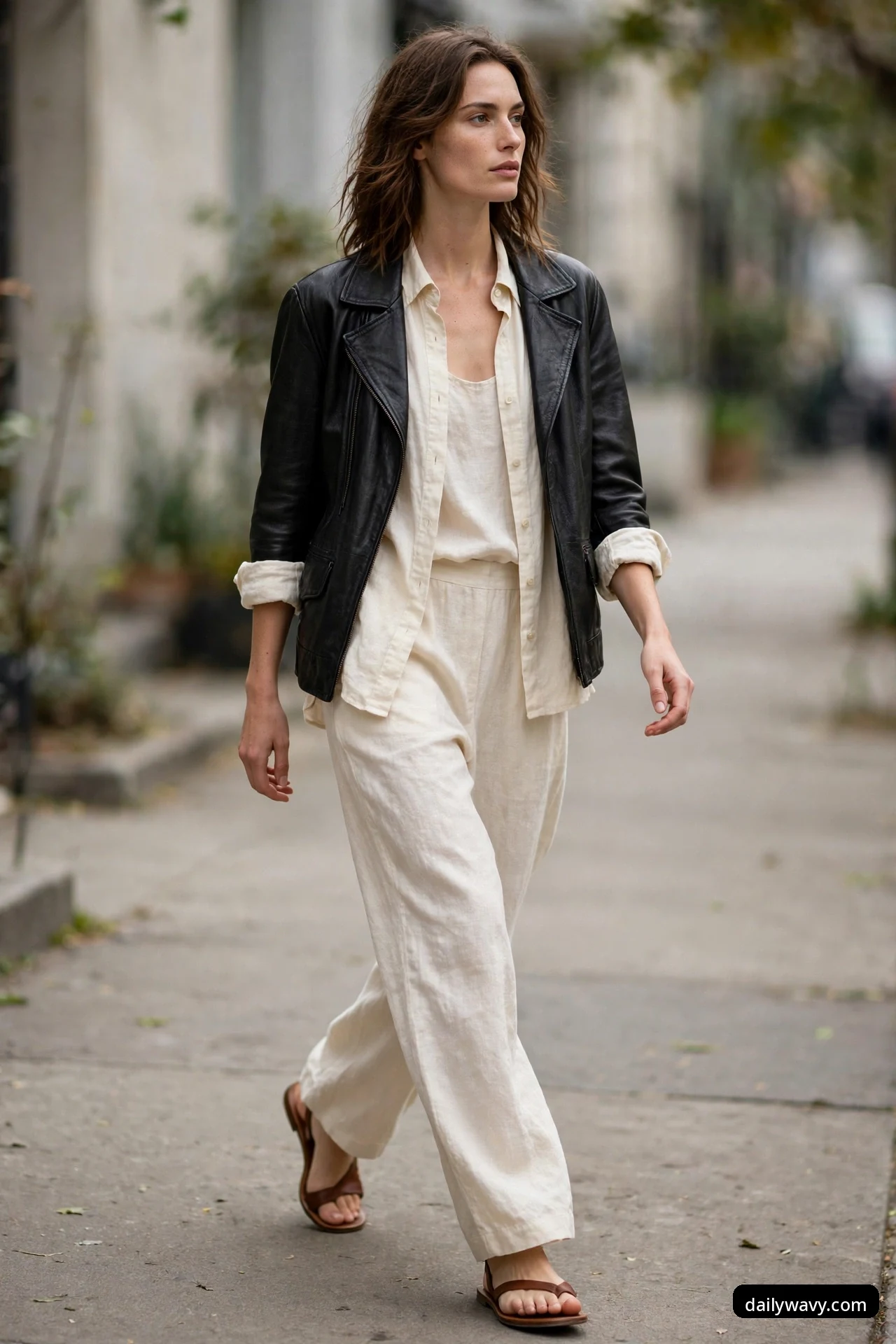 A woman in a black moto leather jacket worn open over an ivory linen shirt and matching linen trousers with brown flat sandals, walking on a sidewalk.