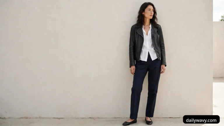 A woman in a black moto leather jacket over a white cotton shirt with dark trousers and black flats, leaning against a beige wall in a wide view.