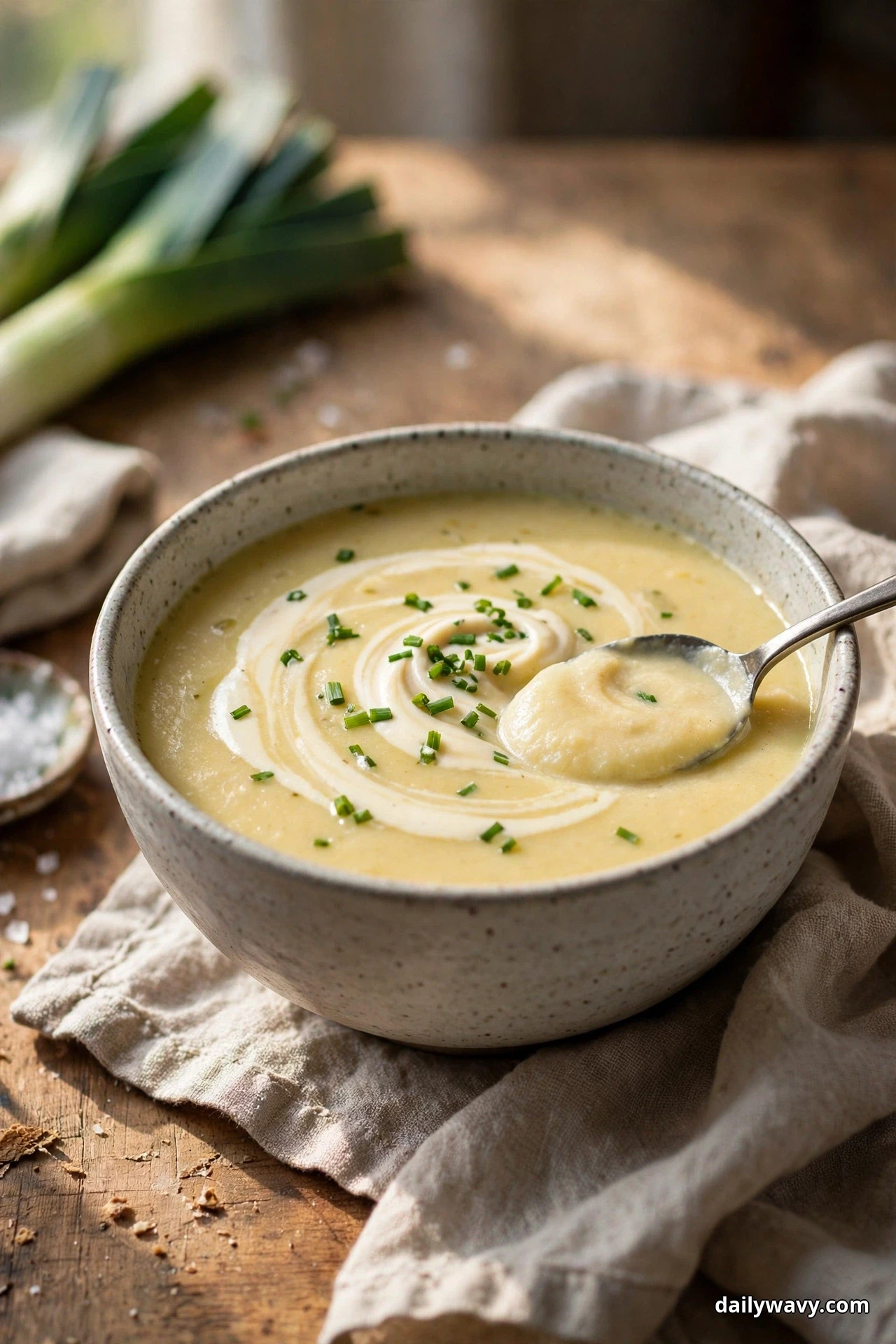 A speckled bowl of smooth leek and potato soup with a cashew cream swirl and a spoon lifting a thick spoonful sits on linen over a wooden table, with whole leeks blurred behind it