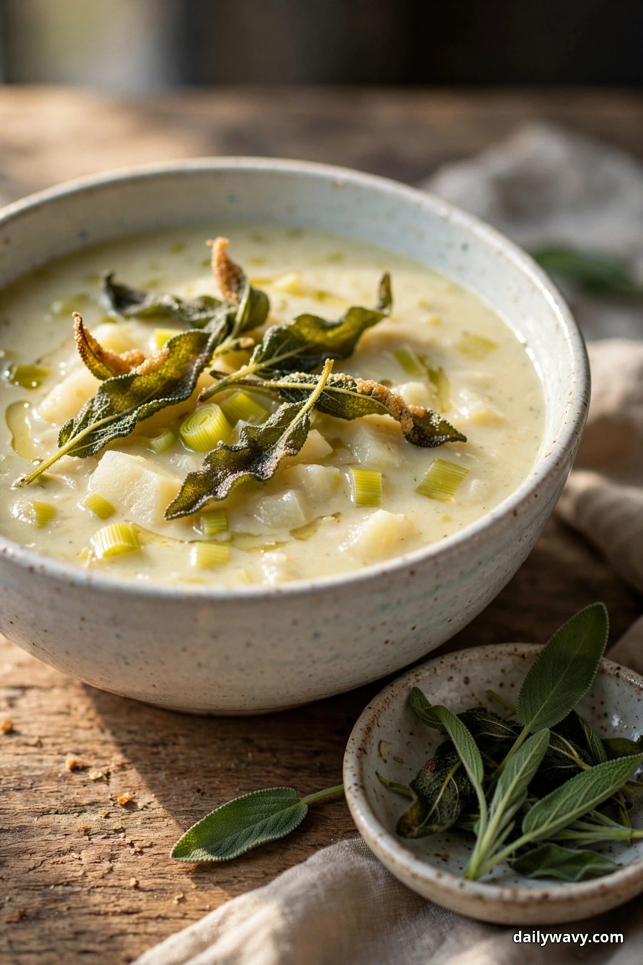 A speckled bowl of chunky leek and potato soup with visible potato pieces and leek slices, topped with crispy fried sage leaves, sits on a wooden table beside a small dish of fresh sage leaves