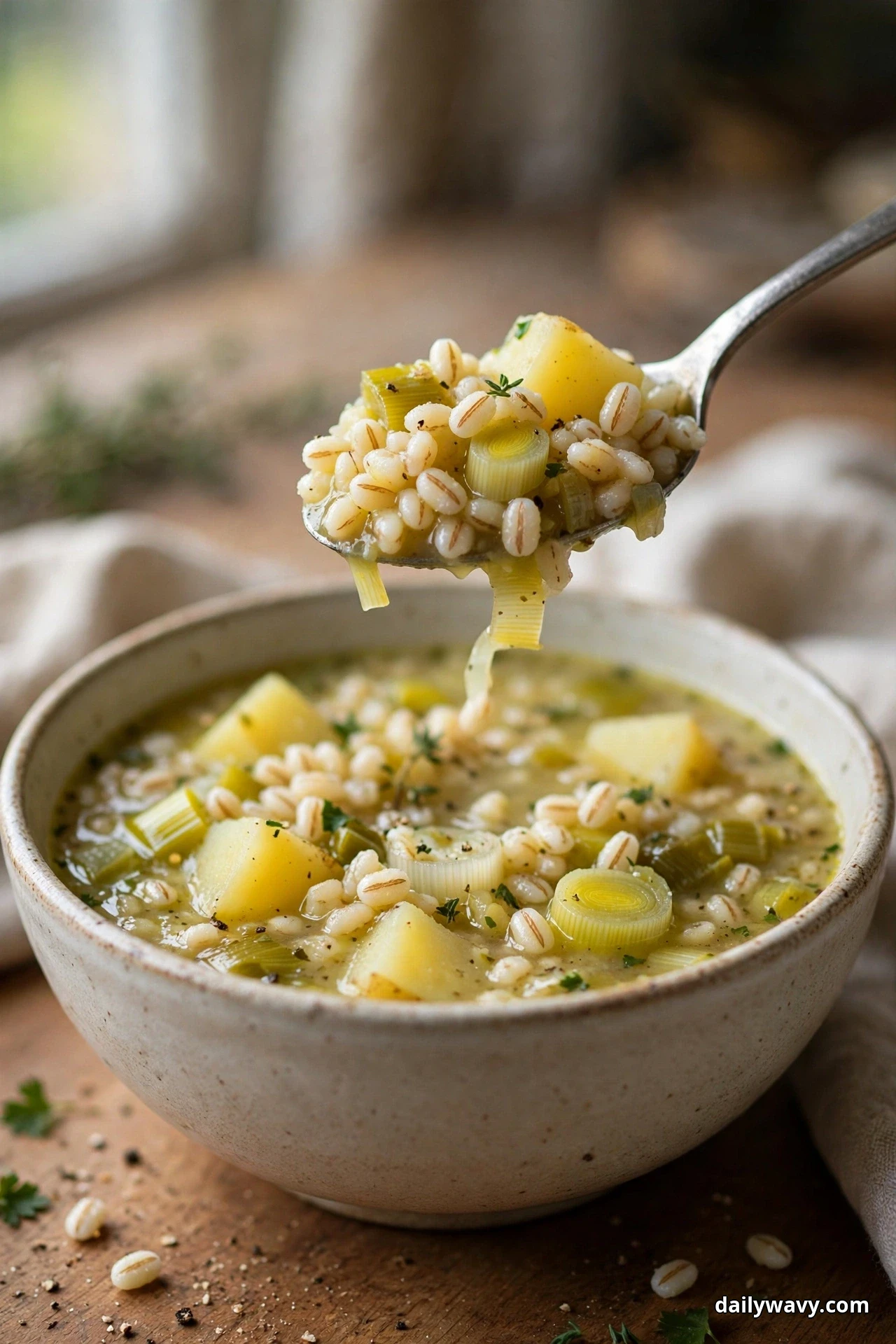 A speckled bowl of chunky leek and potato soup with pearl barley grains, potato chunks and leek rounds sits on a wooden table, a spoon lifting a spoonful of barley and potato above it