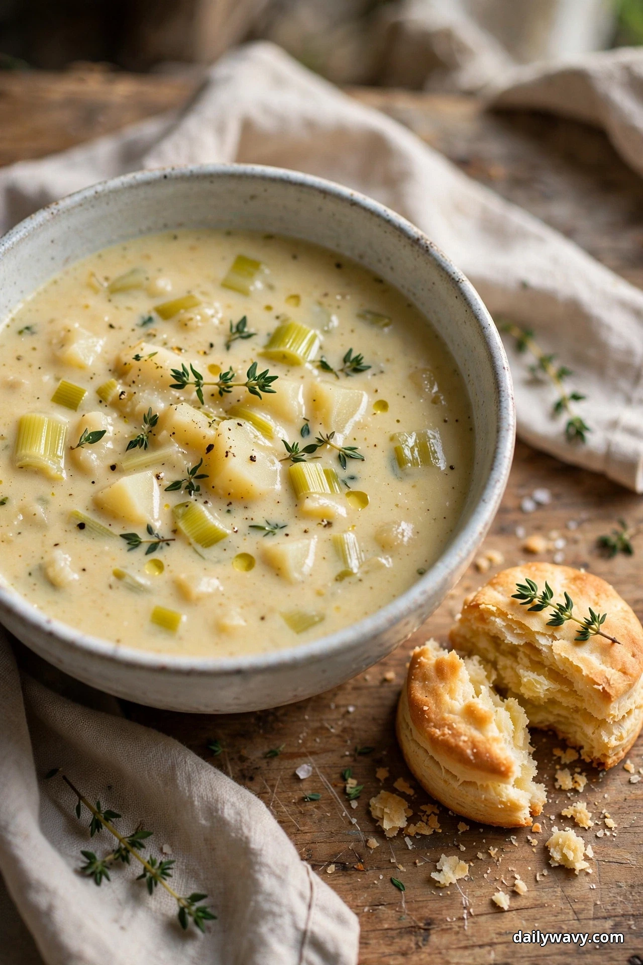 A speckled bowl of chunky leek and potato soup with potato cubes and leek pieces, scattered with fresh thyme sprigs, sits on a wooden table beside a split flaky thyme biscuit