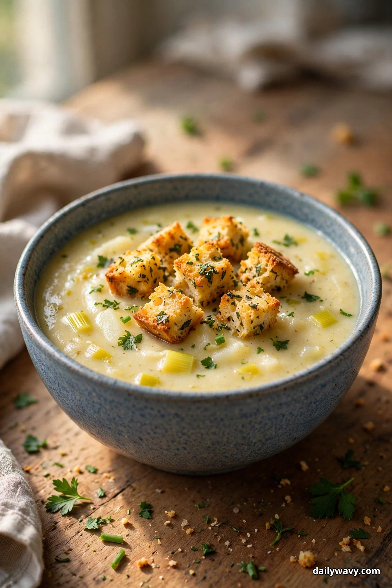 A blue-gray speckled bowl of leek and potato soup topped with golden herb croutons sits on a wooden table with linen beside it