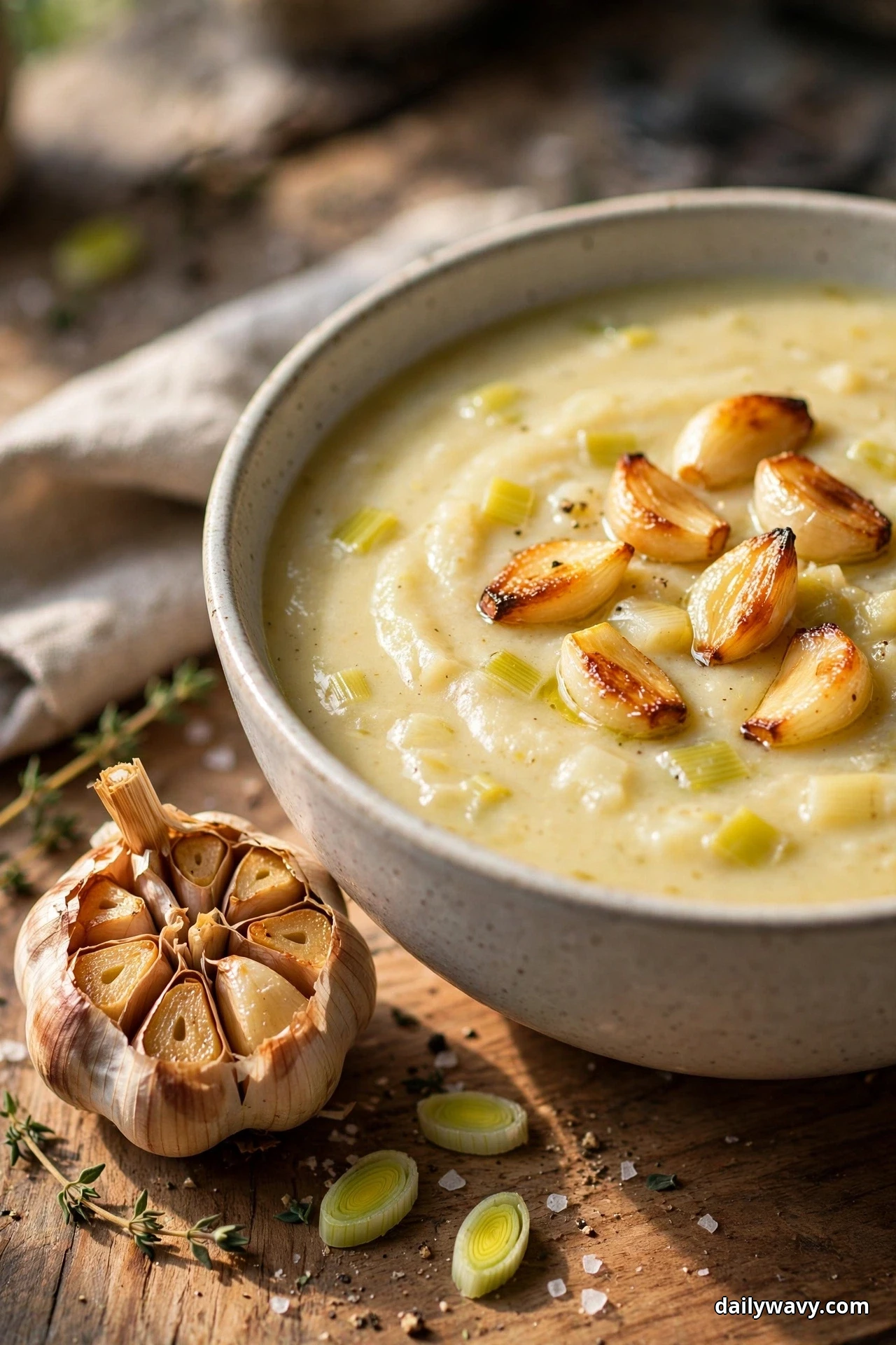 A speckled bowl of creamy leek and potato soup topped with whole golden roasted garlic cloves sits on a wooden table beside a halved head of roasted garlic and sliced leek rounds