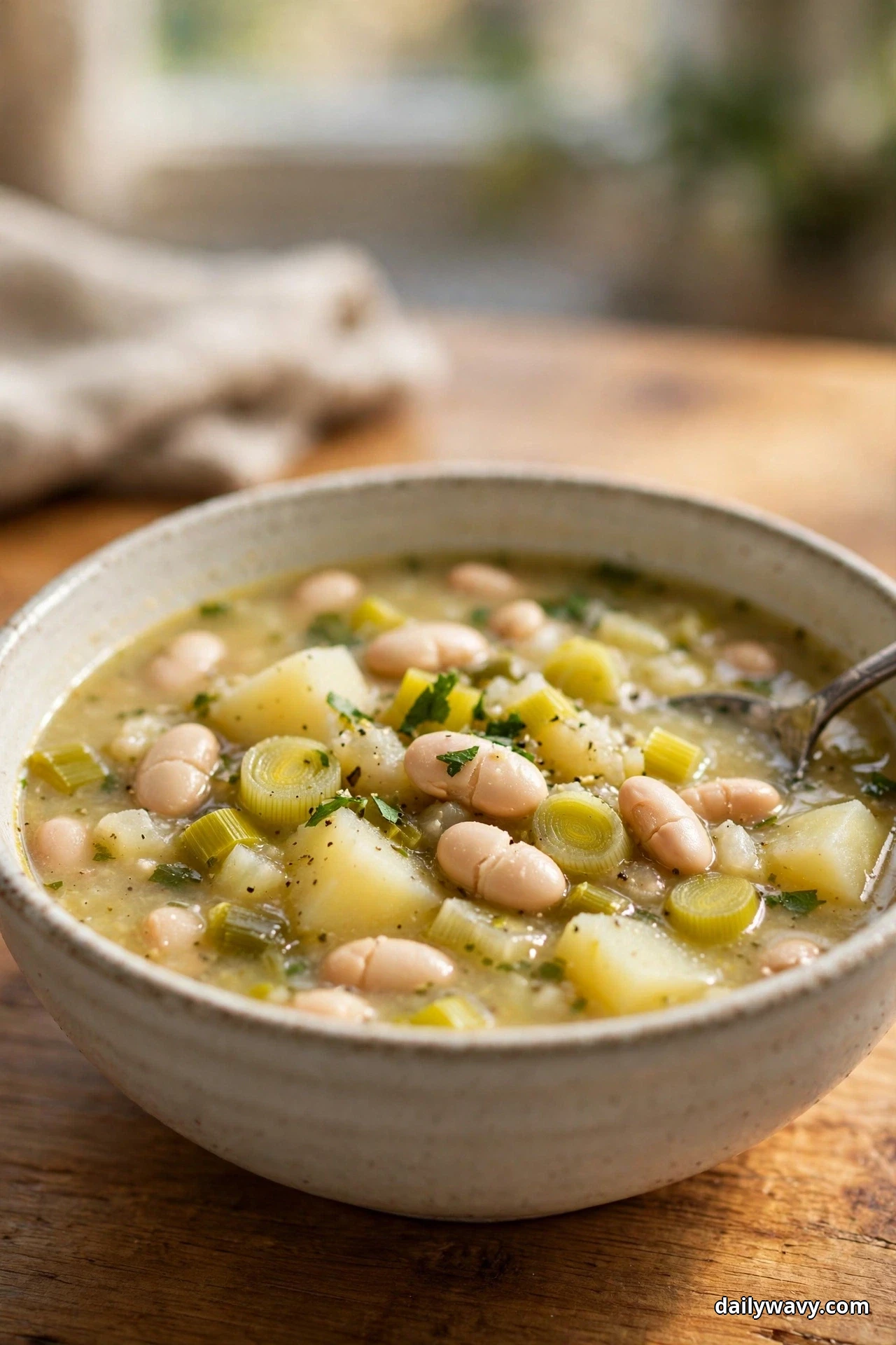 A speckled bowl of chunky leek and potato soup with whole white cannellini beans, potato chunks and leek rounds sits on a wooden table with a spoon resting in the bowl