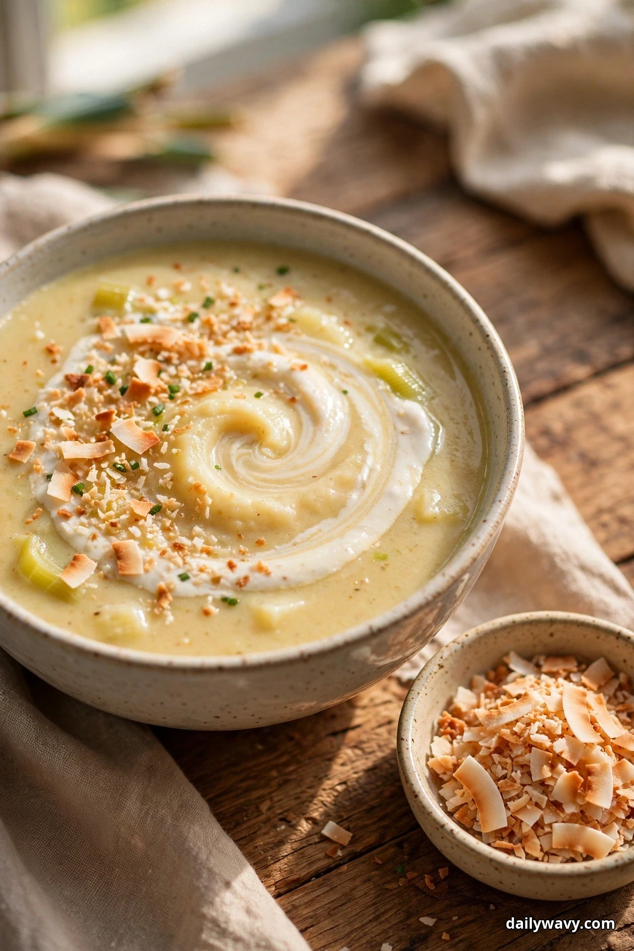 A speckled bowl of smooth leek and potato soup with a coconut cream swirl and toasted coconut flakes on top sits on a wooden table beside a small dish of toasted coconut flakes