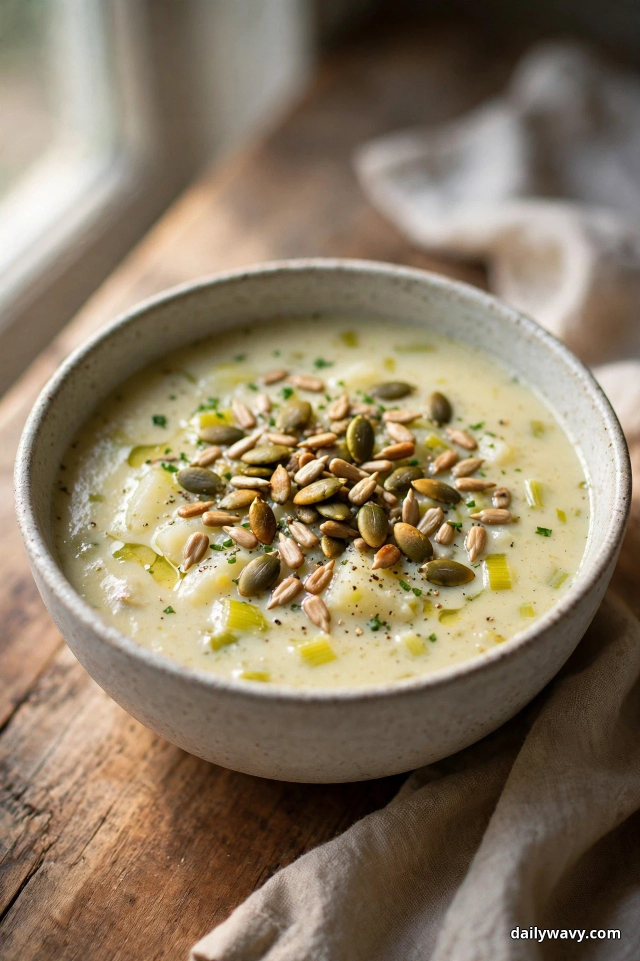 A speckled bowl of creamy leek and potato soup topped with a mound of toasted pumpkin and sunflower seeds sits on a wooden table by a window