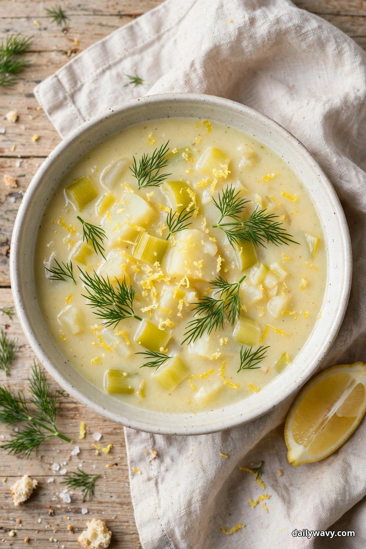 Seen from above, a speckled bowl of leek and potato soup with leek pieces and potato chunks, scattered with fresh dill fronds, sits on linen with a lemon wedge beside it